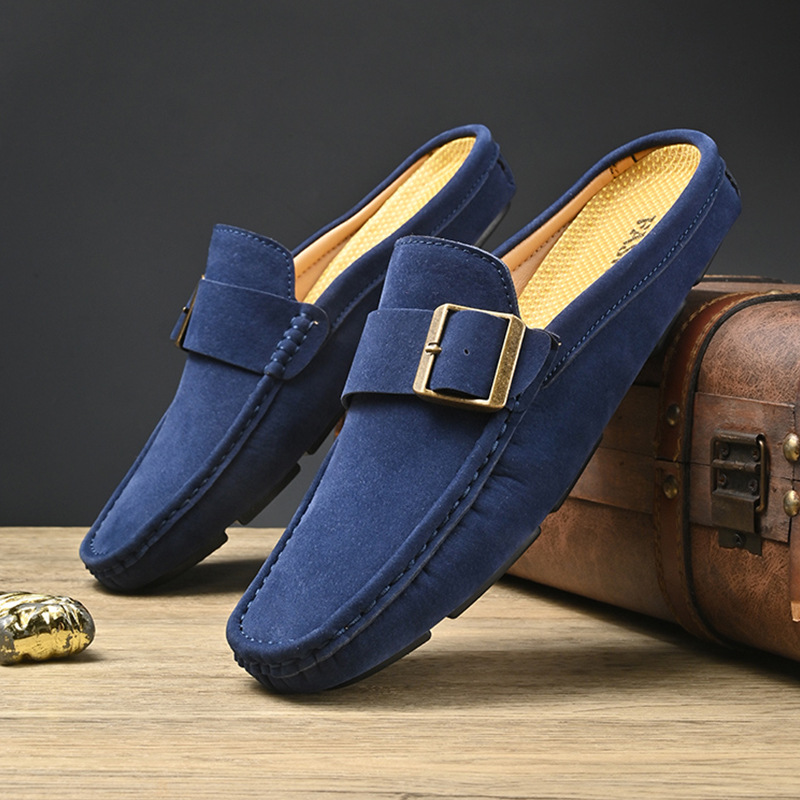 Men's Faux Suede Loafers with Metal Buckle Detail
