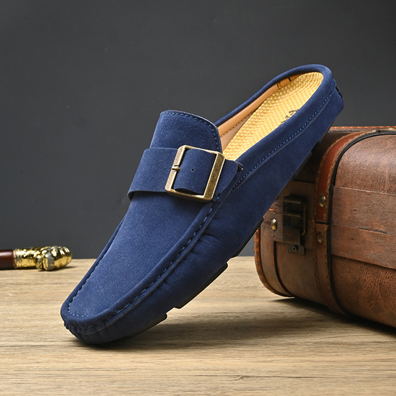 Men's Faux Suede Loafers with Metal Buckle Detail