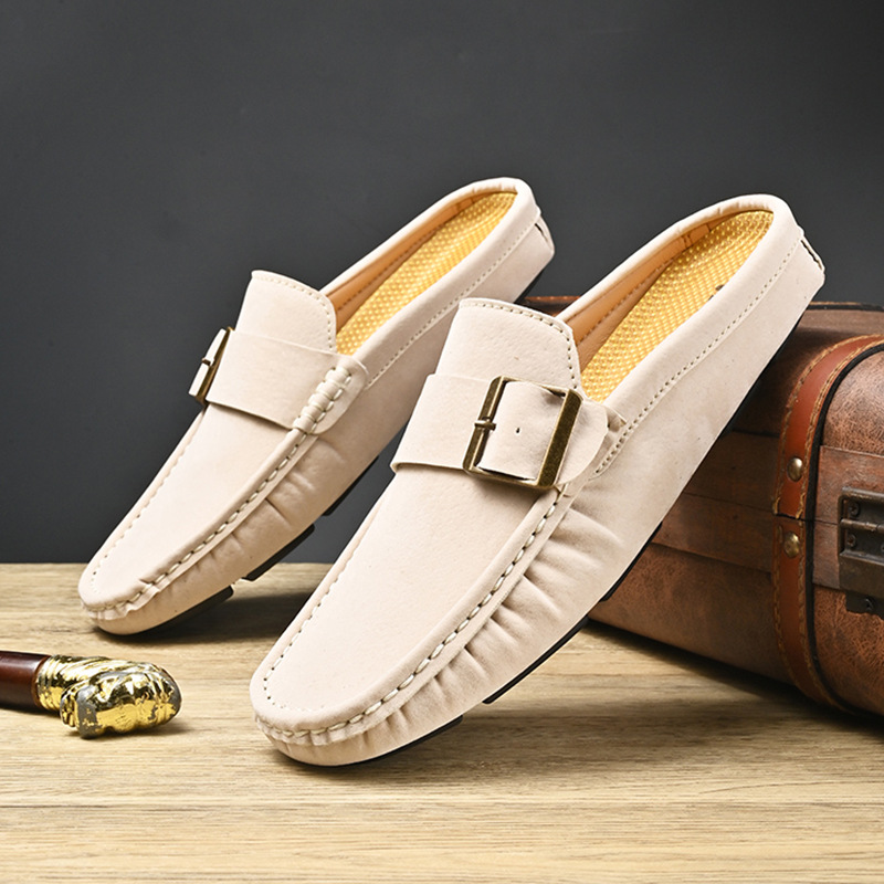 Men's Faux Suede Loafers with Metal Buckle Detail