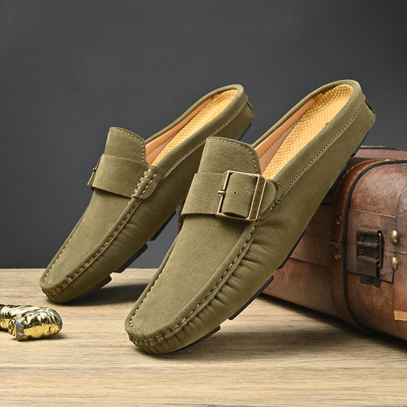 Men's Faux Suede Loafers with Metal Buckle Detail