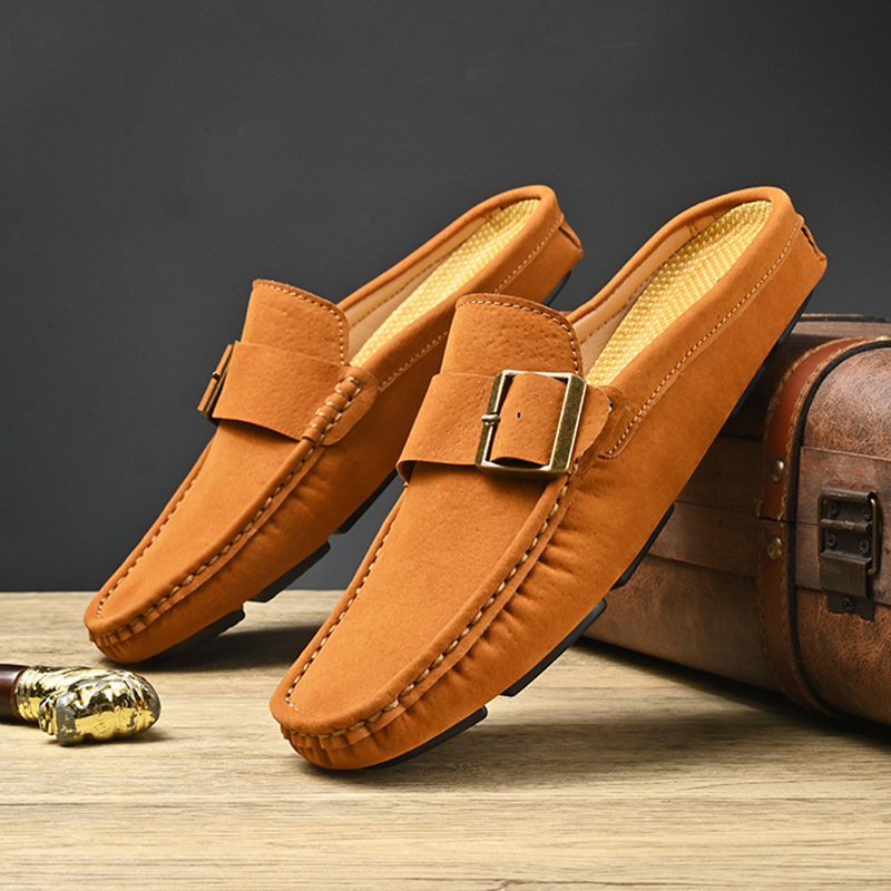 Men's Faux Suede Loafers with Metal Buckle Detail
