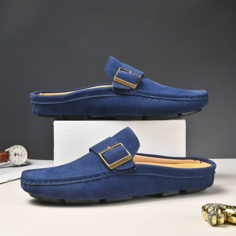 Men's Faux Suede Loafers with Metal Buckle Detail