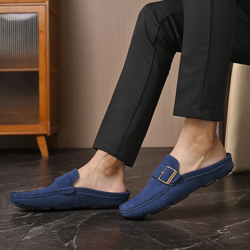 Men's Faux Suede Loafers with Metal Buckle Detail