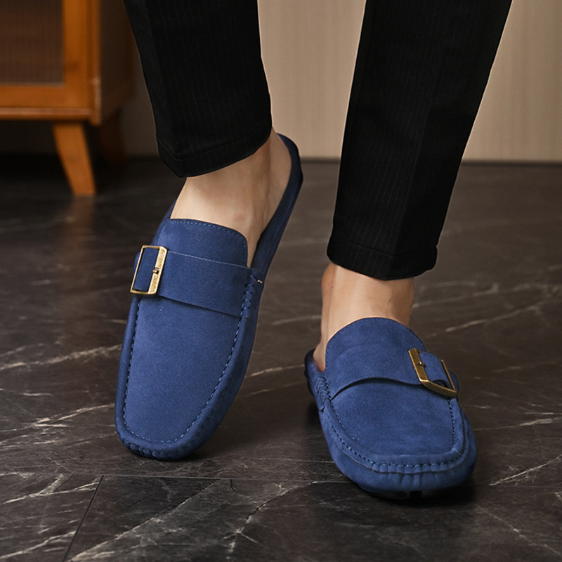 Men's Faux Suede Loafers with Metal Buckle Detail