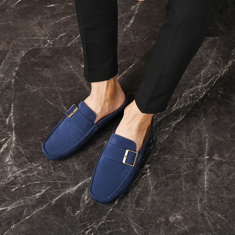 Men's Faux Suede Loafers with Metal Buckle Detail