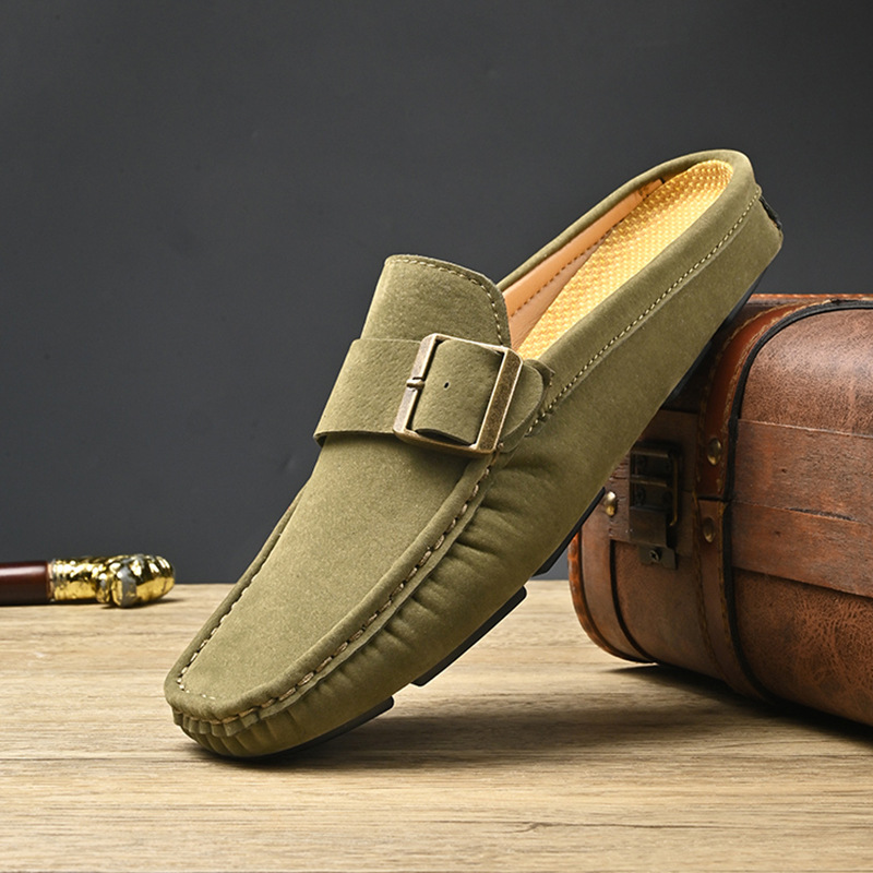 Men's Faux Suede Loafers with Metal Buckle Detail