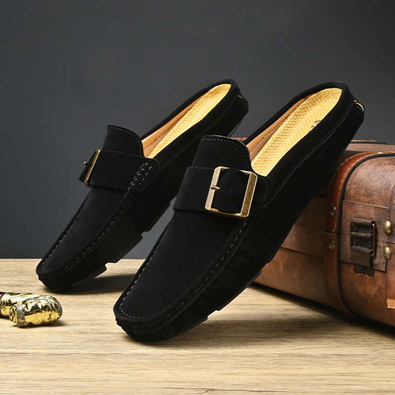 Men's Faux Suede Loafers with Metal Buckle Detail