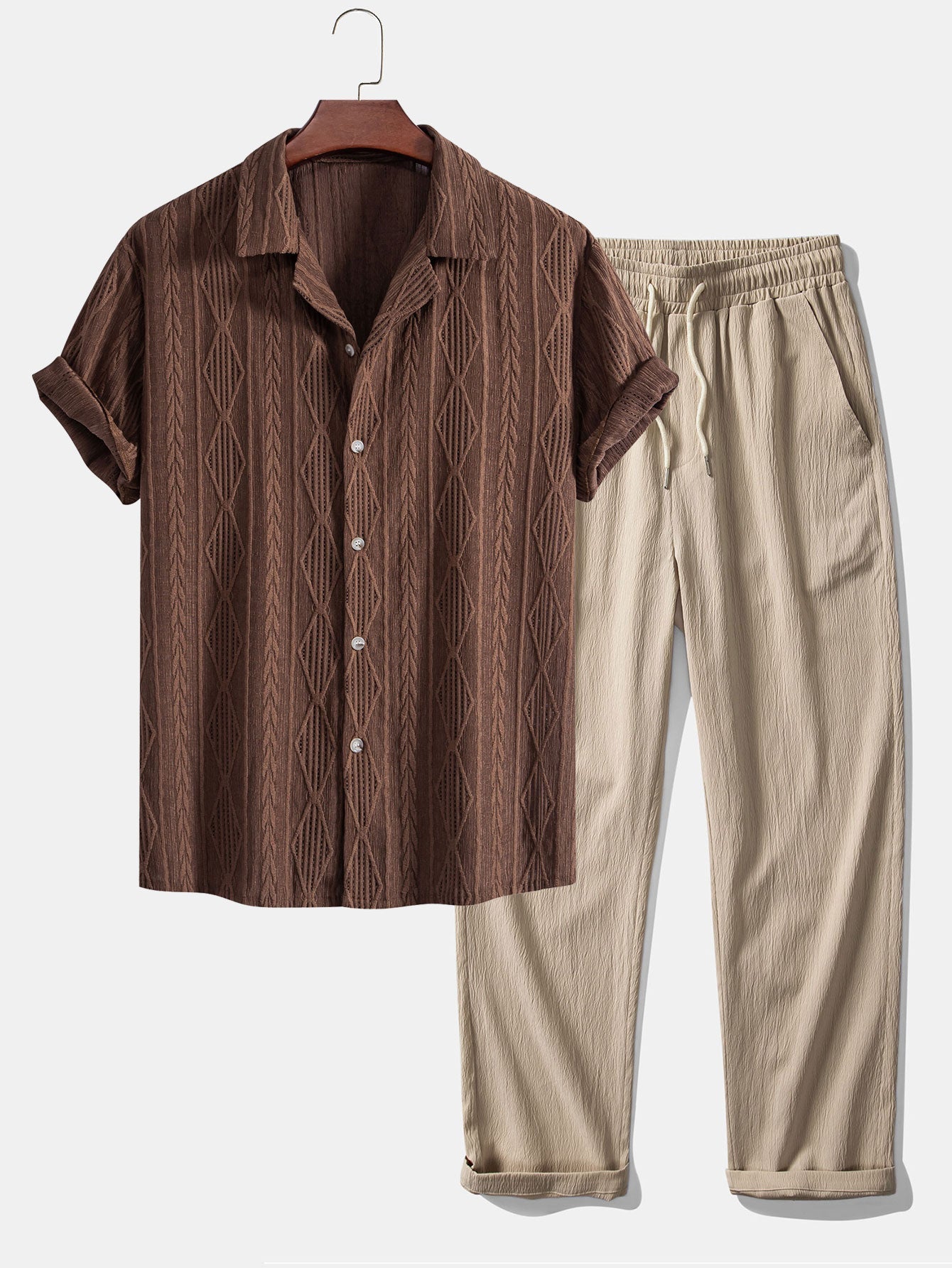 Men's Geometric Jacquard Cuban Shirt and Crinkle Textured Pants