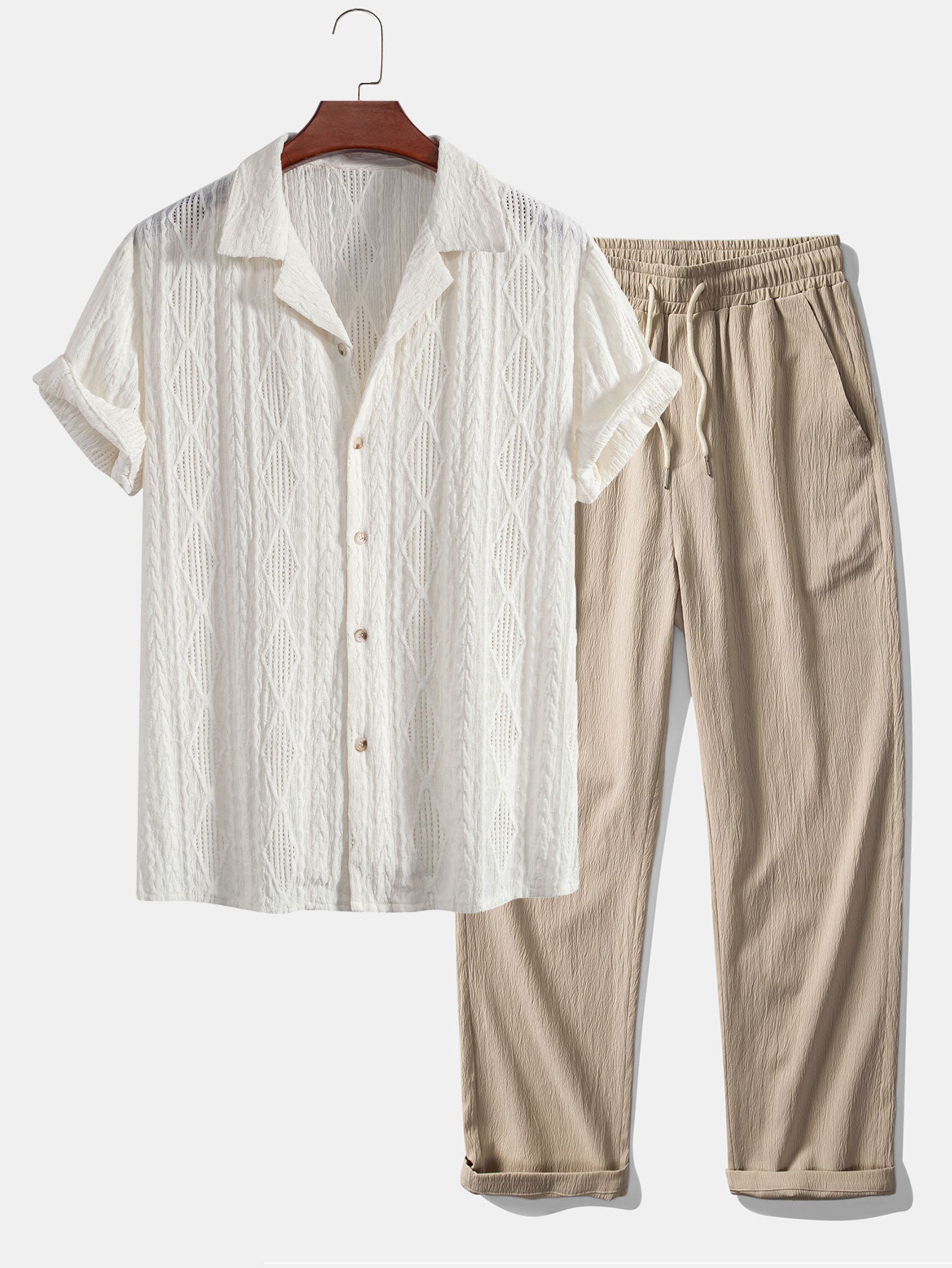 Men's Geometric Jacquard Cuban Shirt and Crinkle Textured Pants