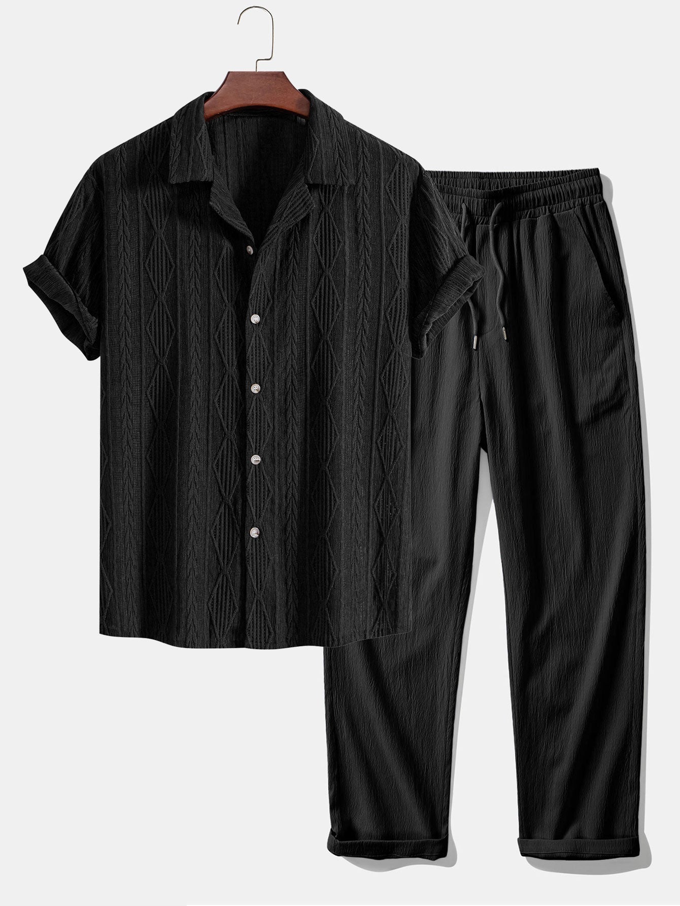 Men's Geometric Jacquard Cuban Shirt and Crinkle Textured Pants