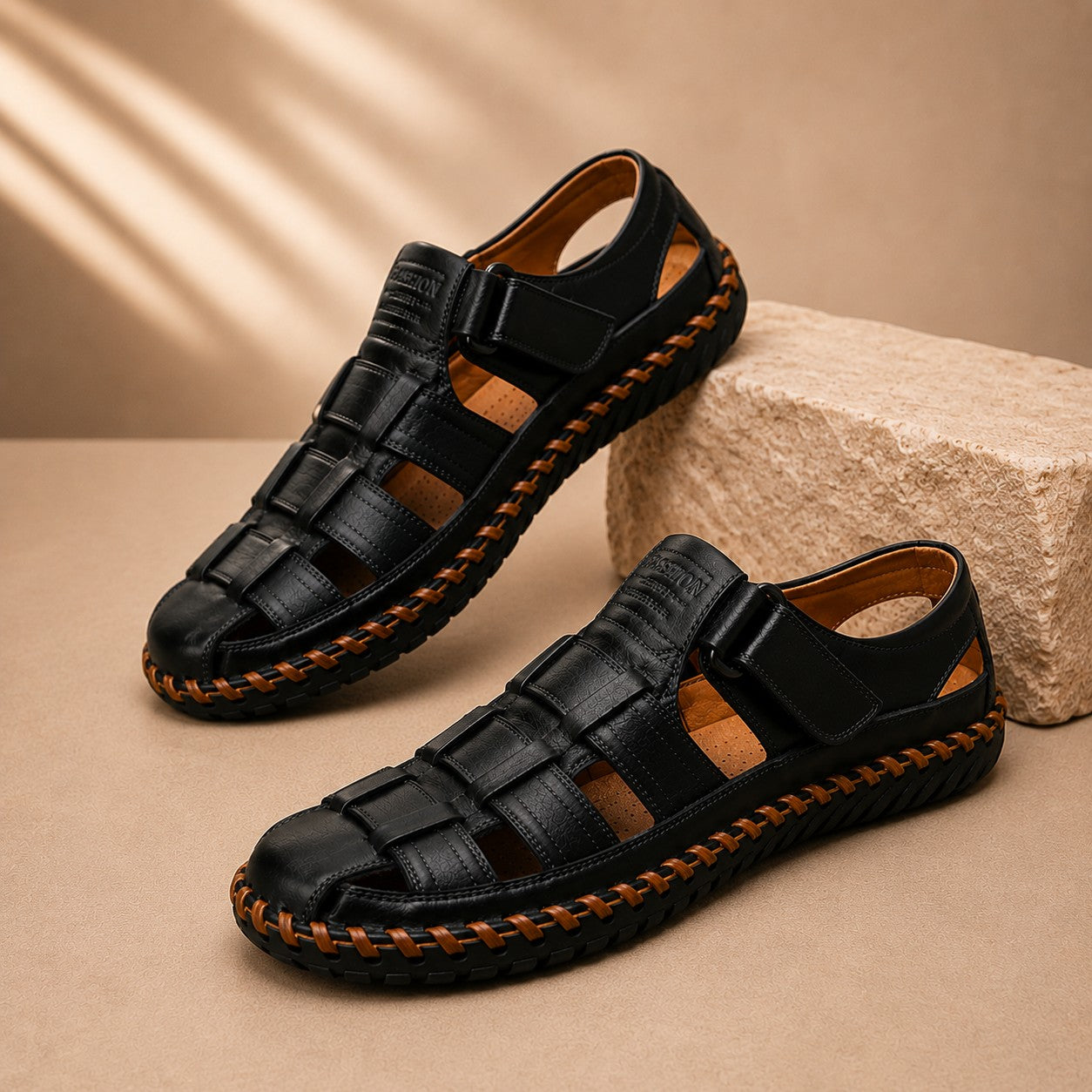 Men's Hand-Stitched Faux Leather Sandals with Velcro Strap