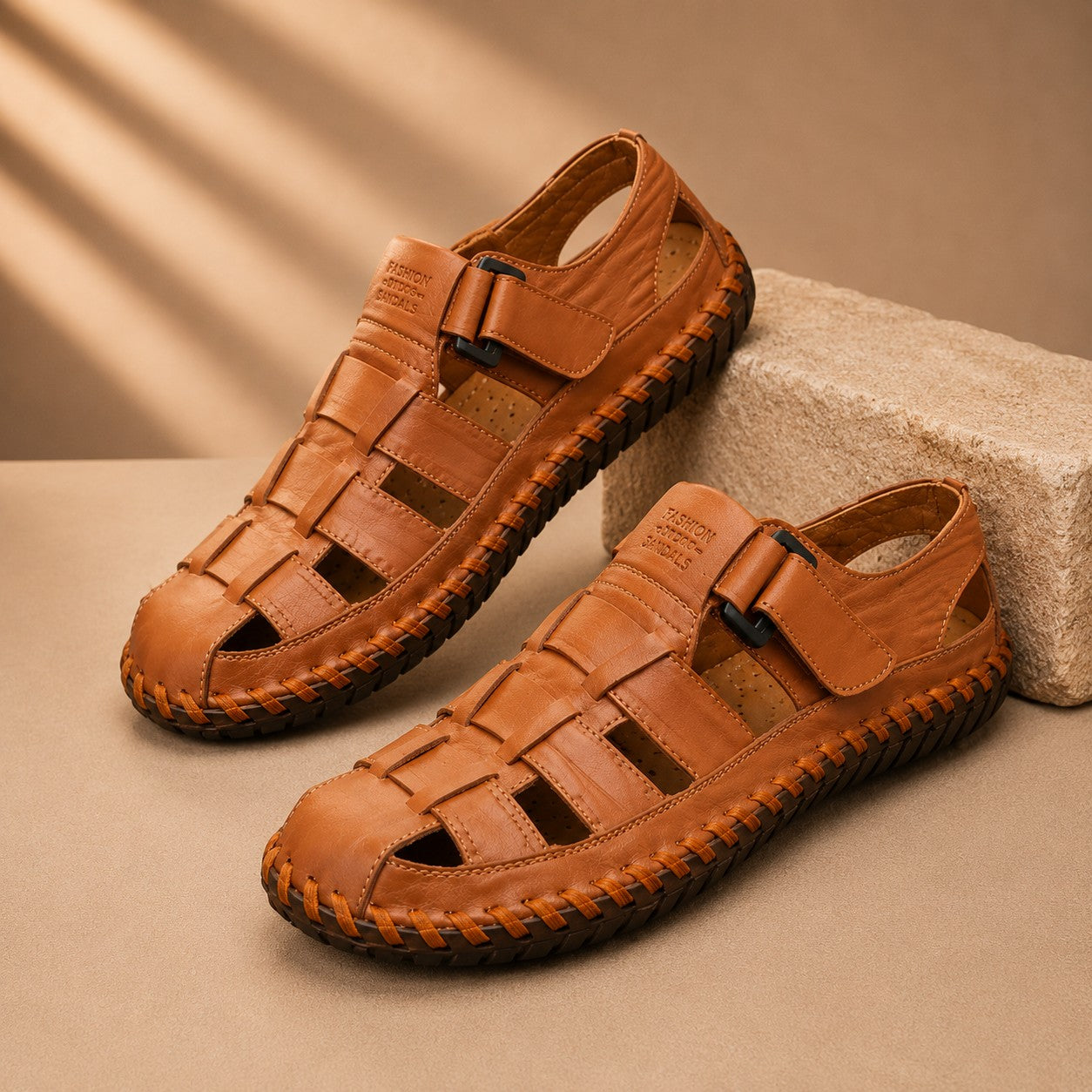 Men's Hand-Stitched Faux Leather Sandals with Velcro Strap