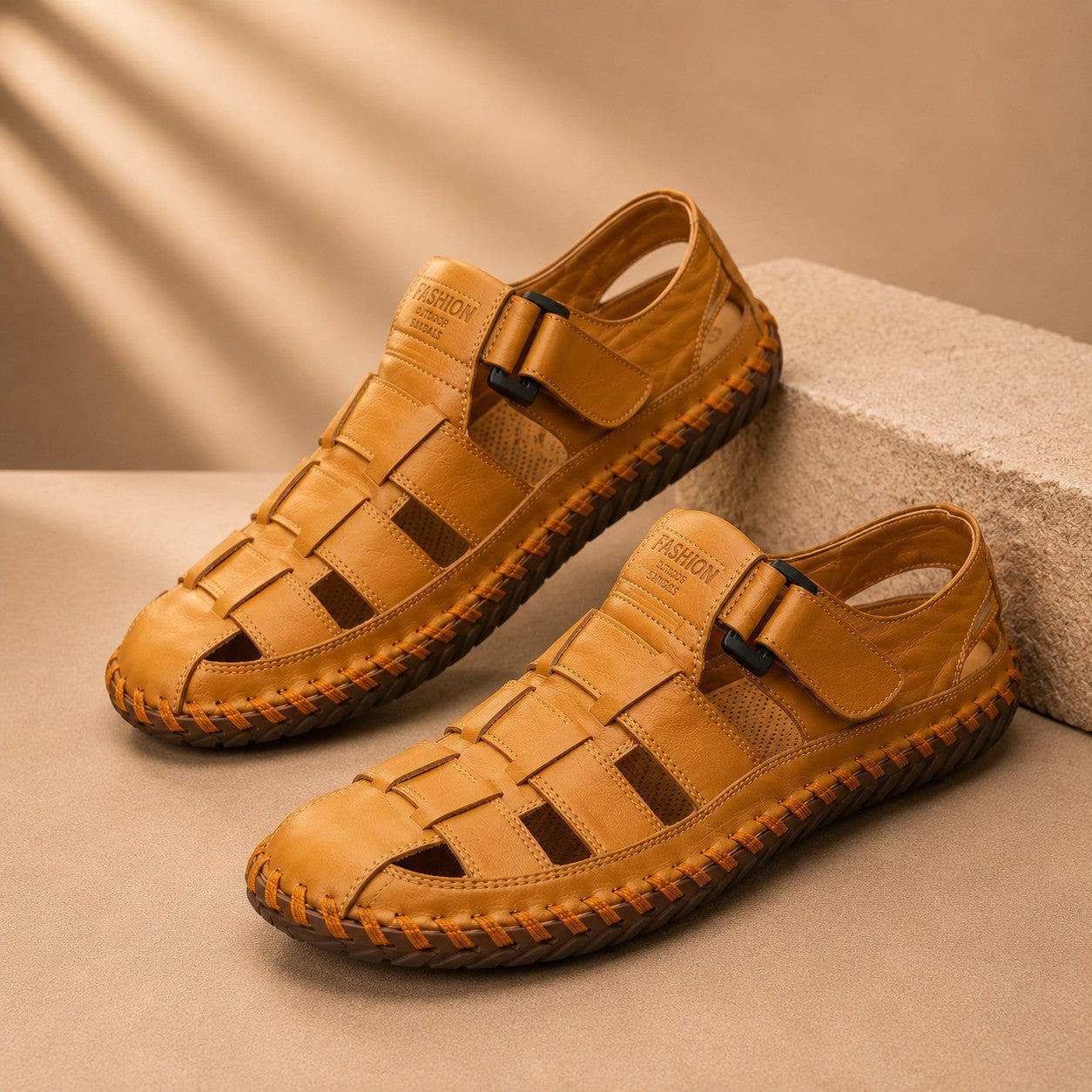 Men's Hand-Stitched Faux Leather Sandals with Velcro Strap