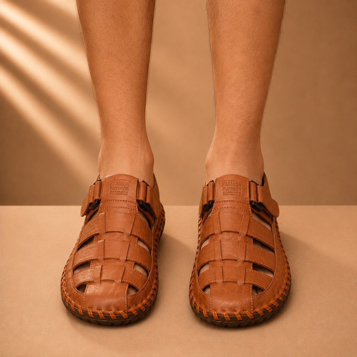 Men's Hand-Stitched Faux Leather Sandals with Velcro Strap