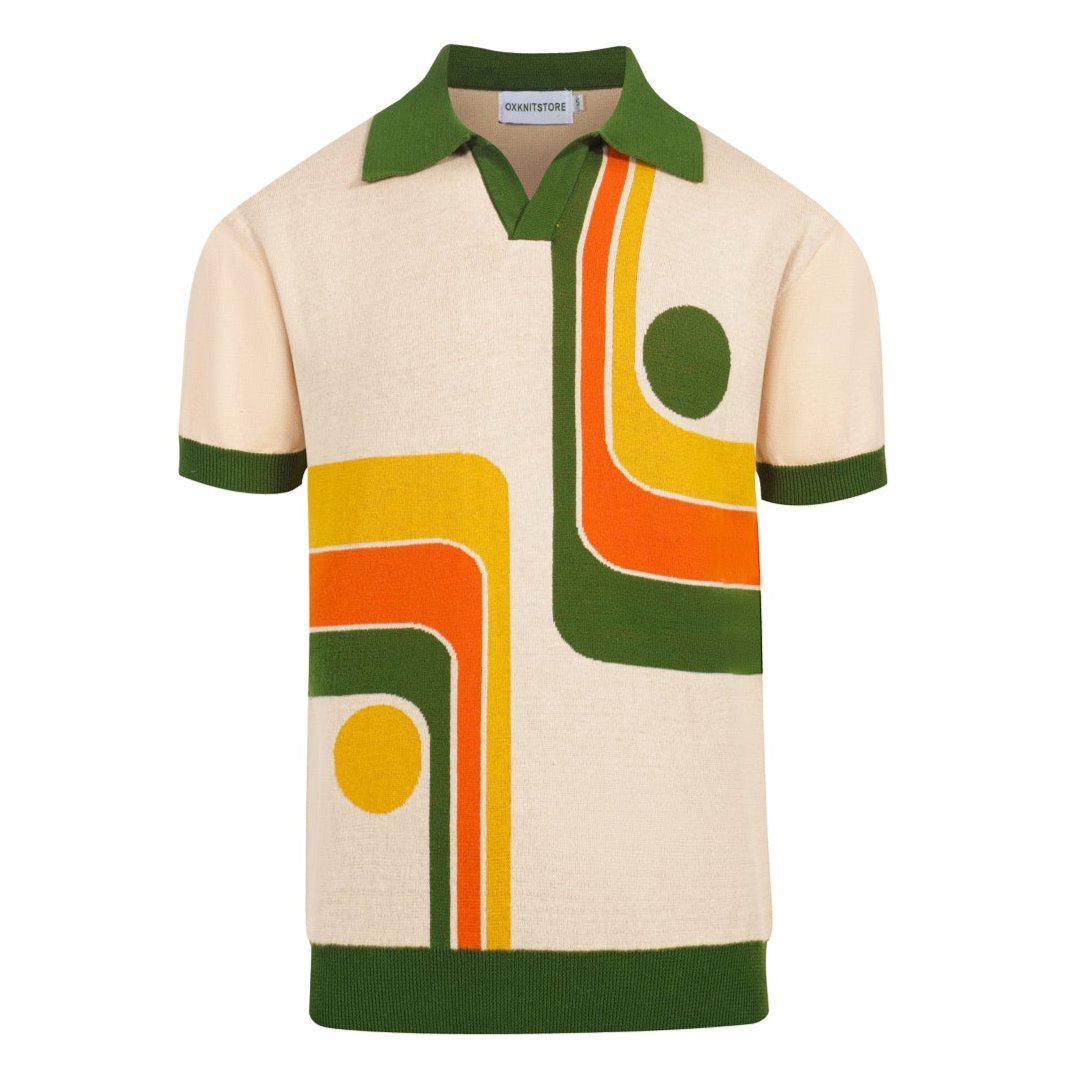 Men's Knit Polo Shirt with 70s Geometric Graphic