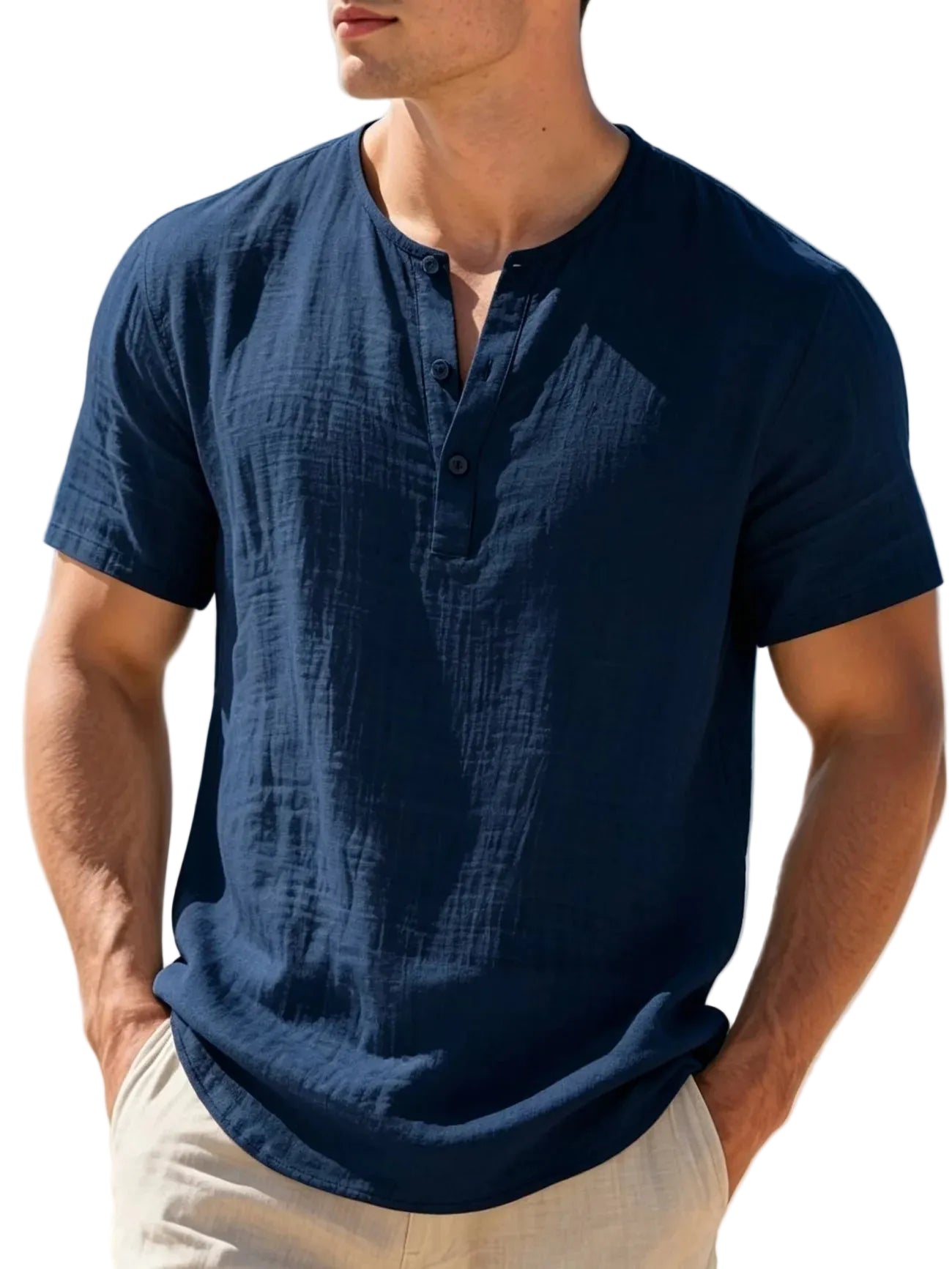 Men's Lightweight Breathable Cotton-Linen Henley T-Shirt