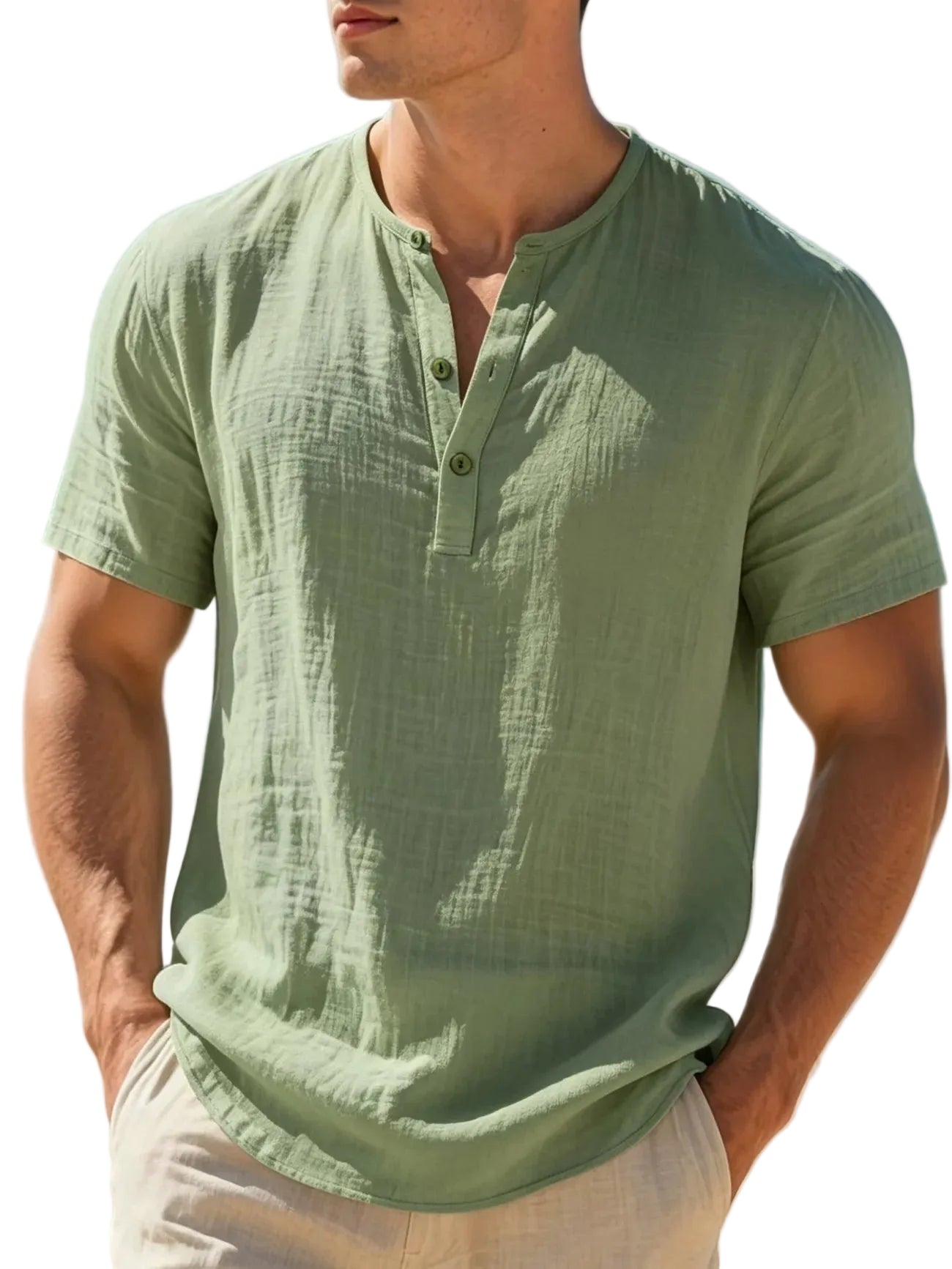 Men's Lightweight Breathable Cotton-Linen Henley T-Shirt