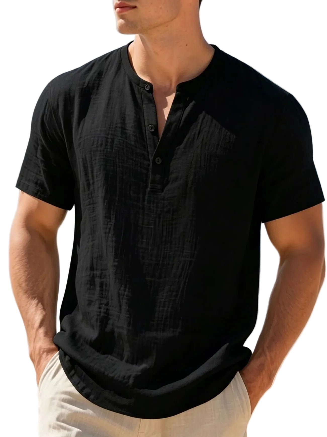 Men's Lightweight Breathable Cotton-Linen Henley T-Shirt