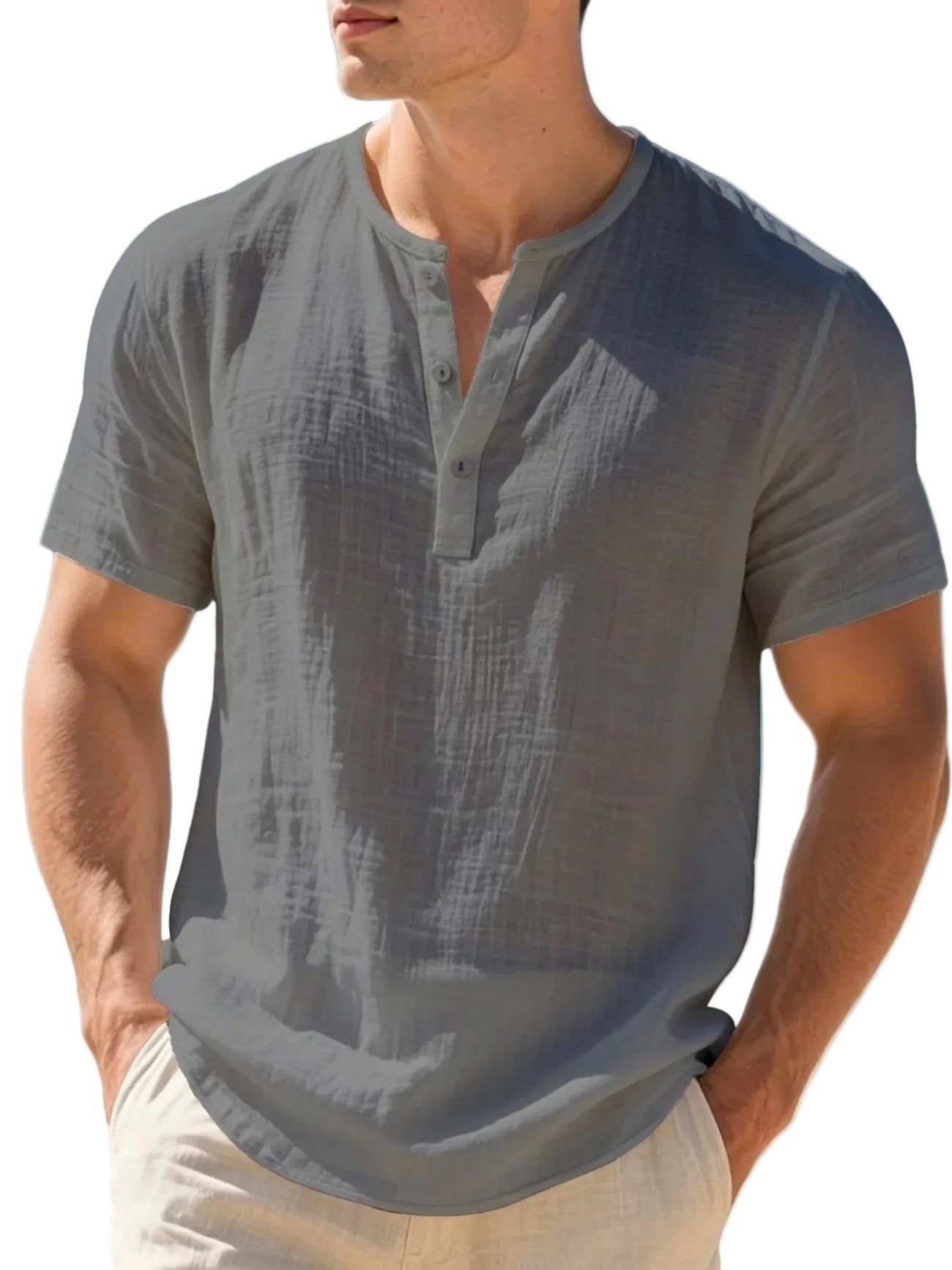 Men's Lightweight Breathable Cotton-Linen Henley T-Shirt