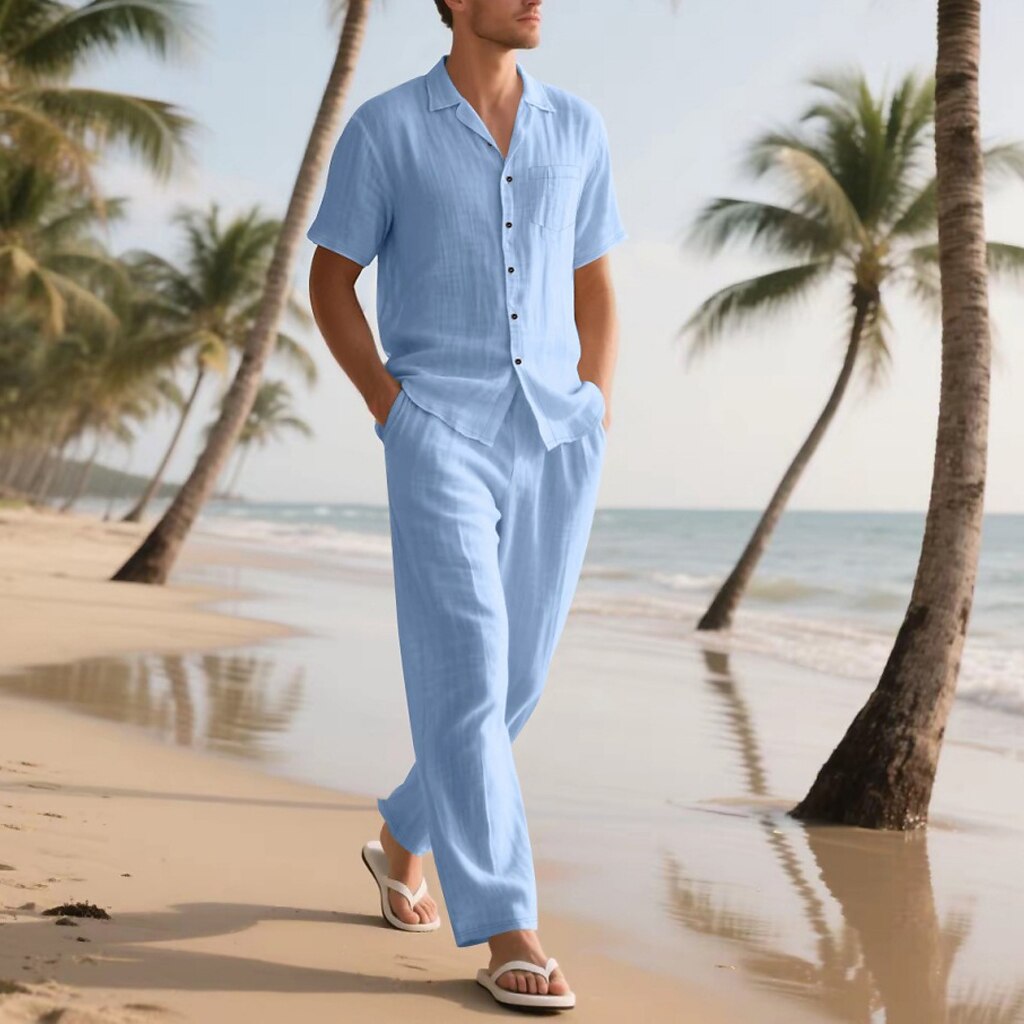 Men's Lightweight Cotton Linen Shirt and Pants Set