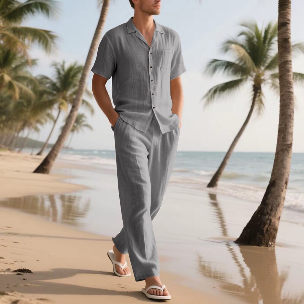 Men's Lightweight Cotton Linen Shirt and Pants Set