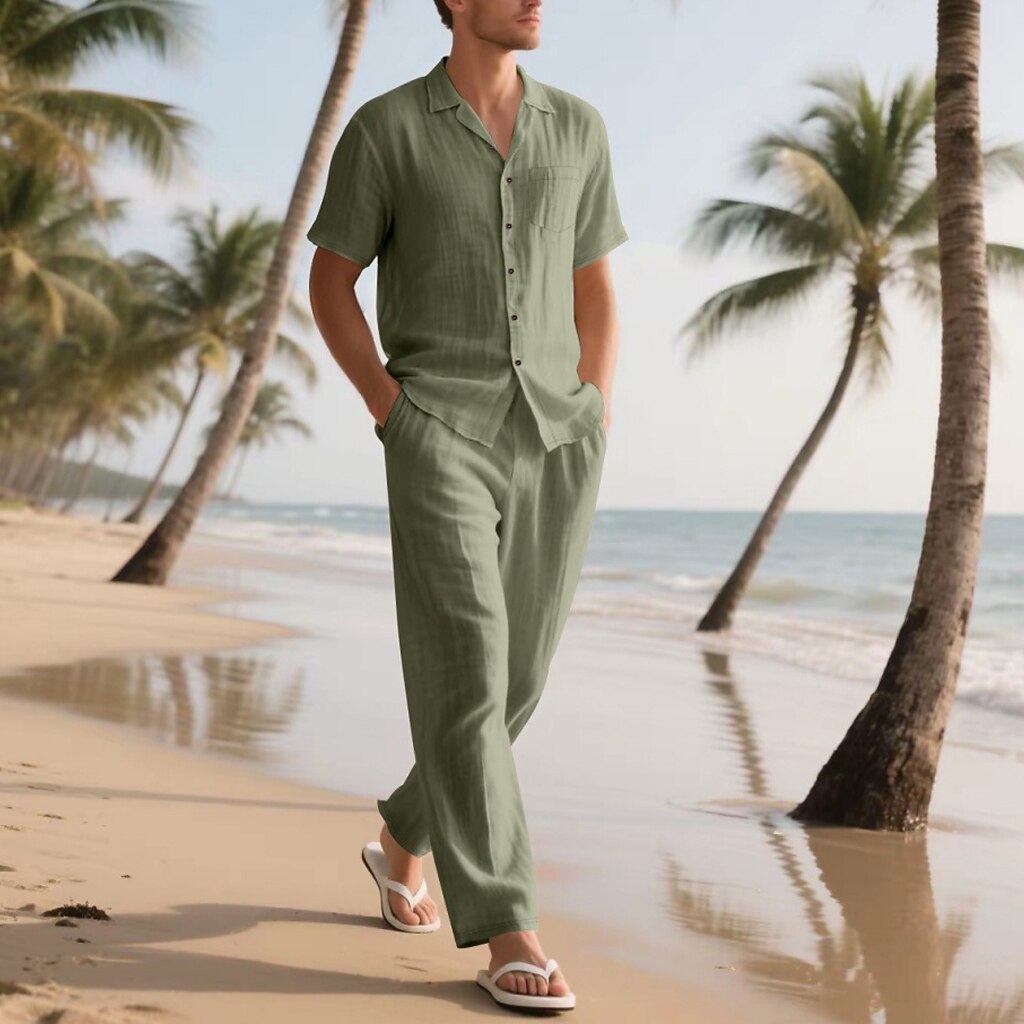 Men's Lightweight Cotton Linen Shirt and Pants Set