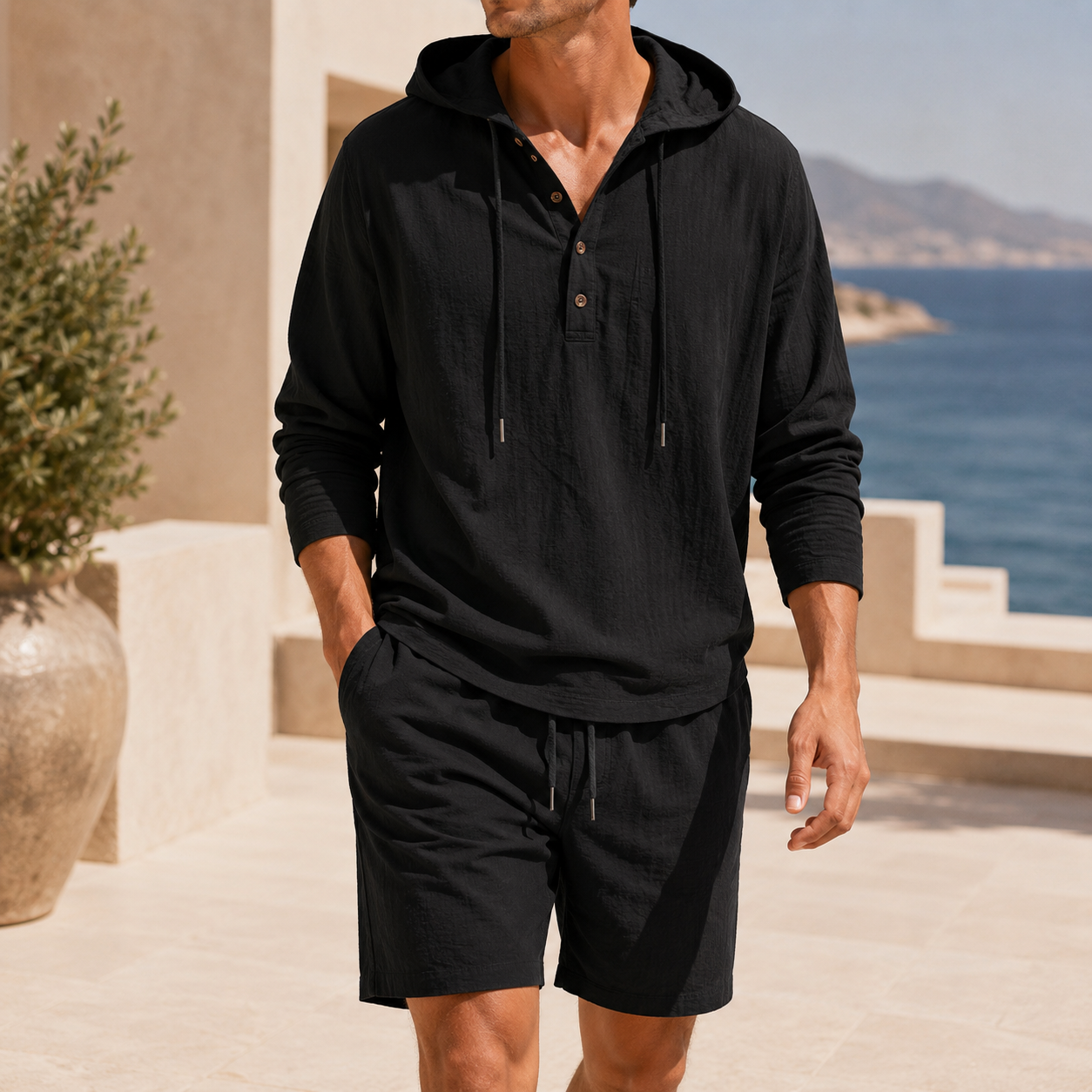 Men's Lightweight Linen Blend Hooded Set