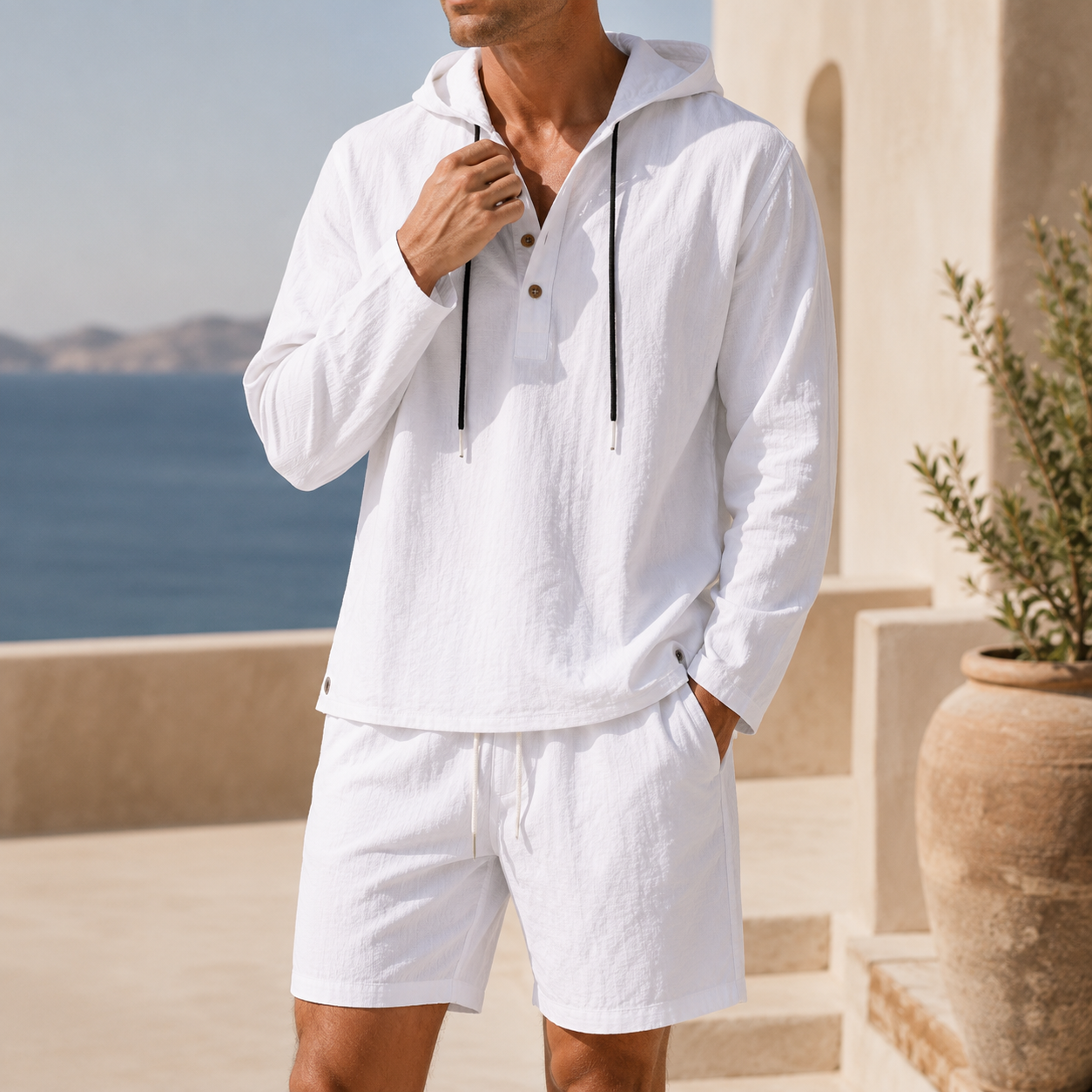 Men's Lightweight Linen Blend Hooded Set