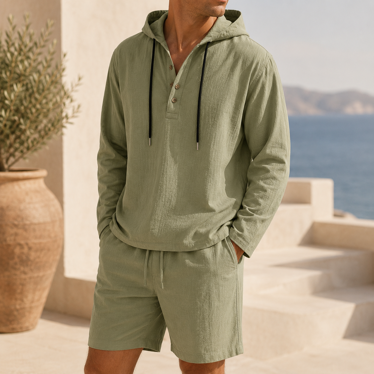 Men's Lightweight Linen Blend Hooded Set