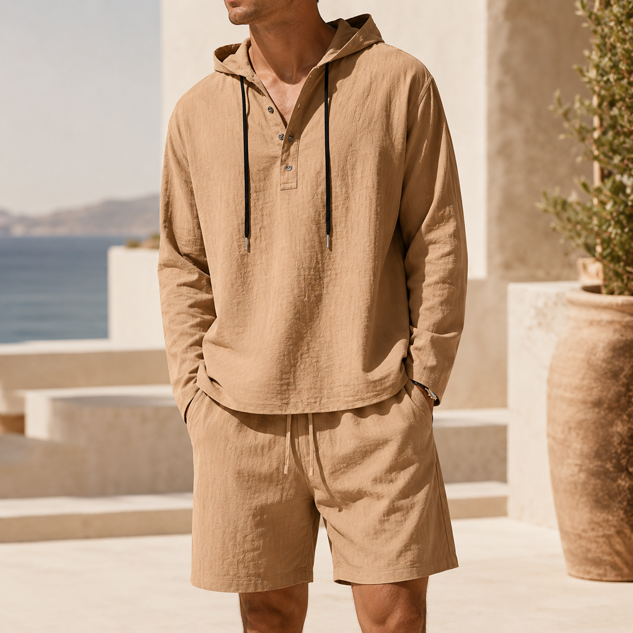 Men's Lightweight Linen Blend Hooded Set