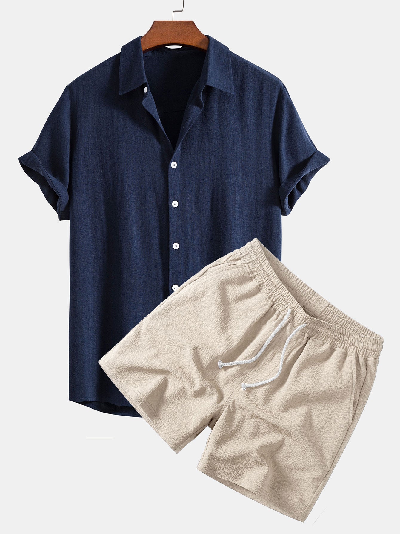 Men's Lightweight Linen Rayon Button-Up Shirt and Shorts Set
