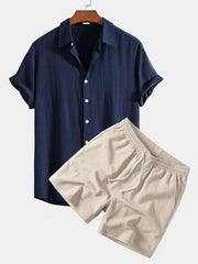 Men's Lightweight Linen Rayon Button-Up Shirt and Shorts Set