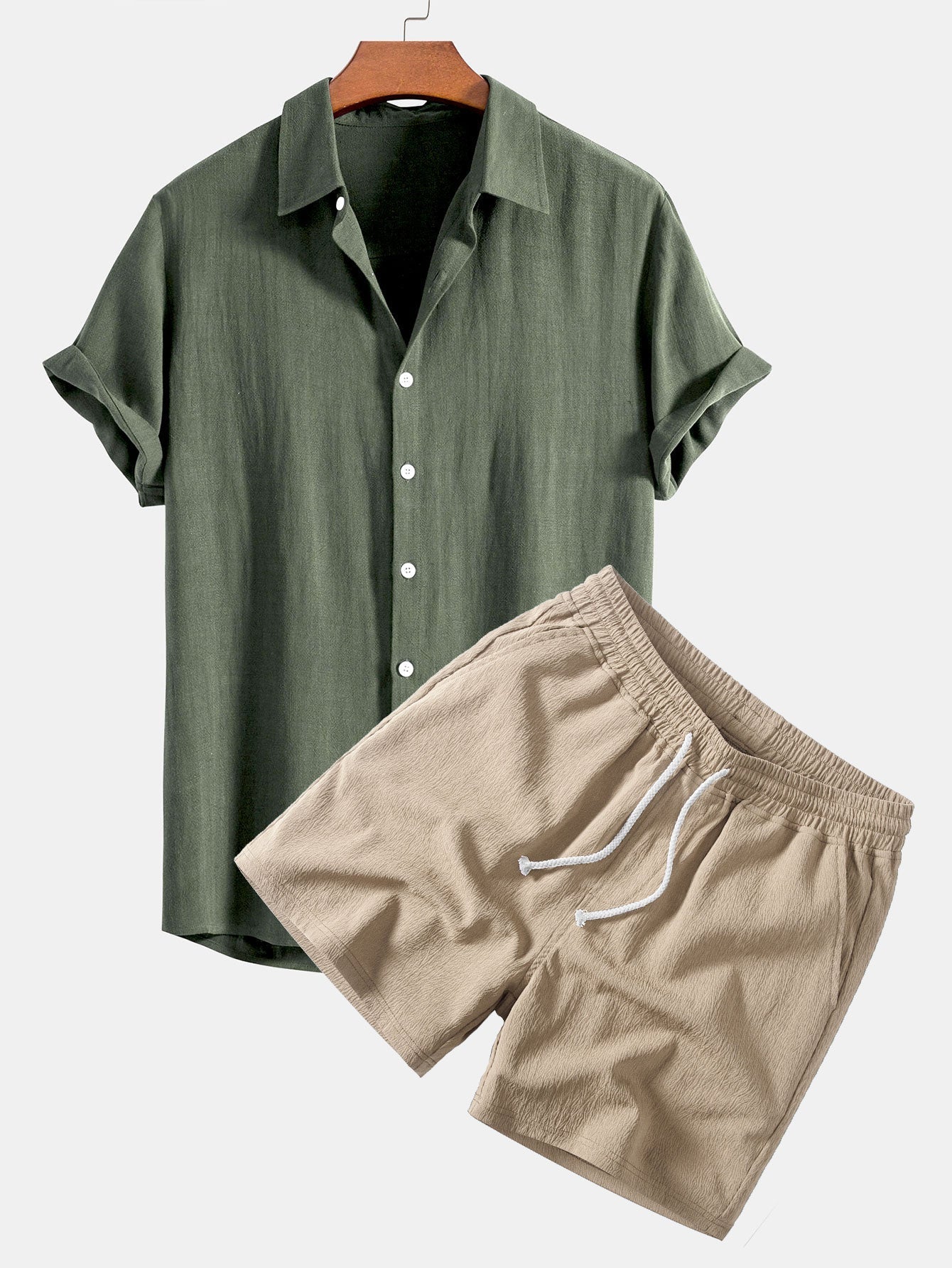 Men's Lightweight Linen Rayon Button-Up Shirt and Shorts Set
