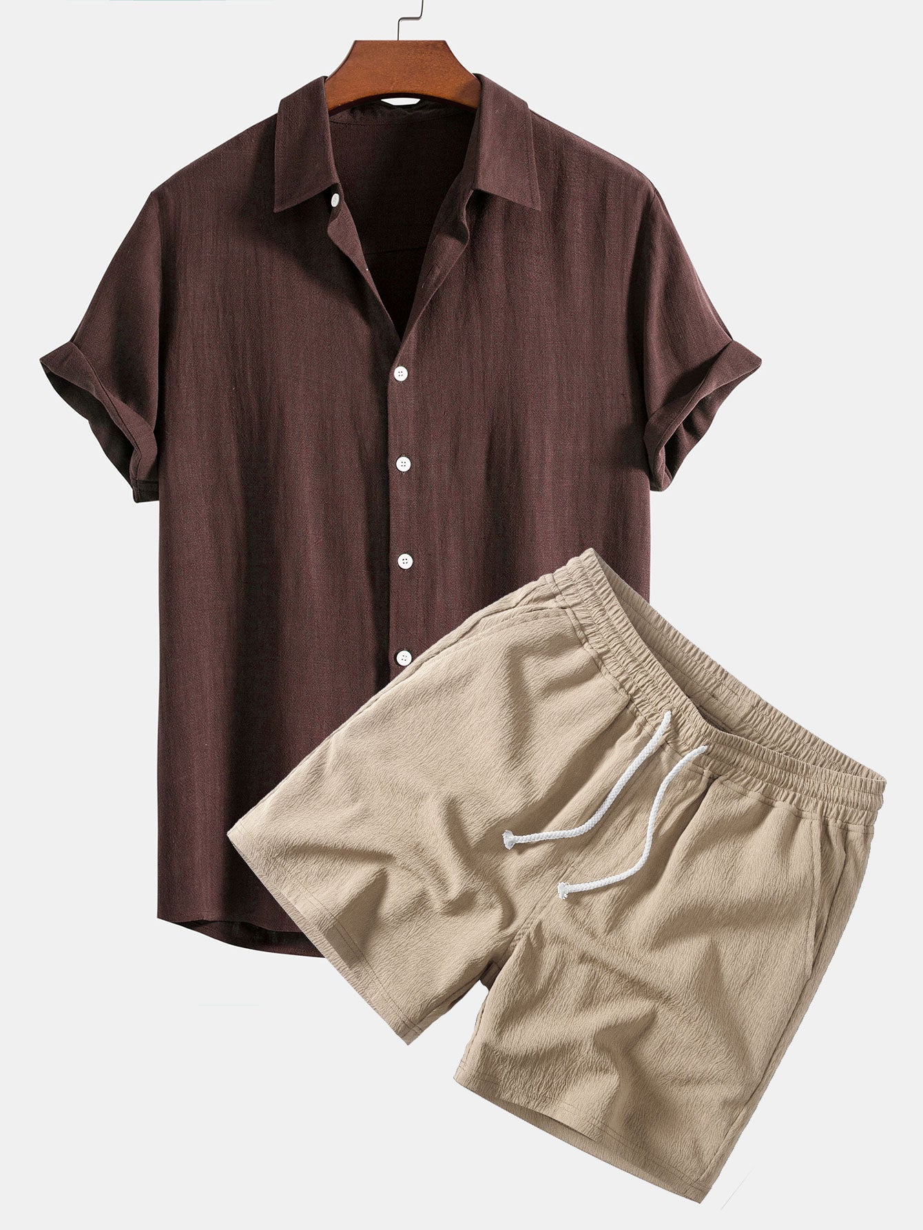 Men's Lightweight Linen Rayon Button-Up Shirt and Shorts Set