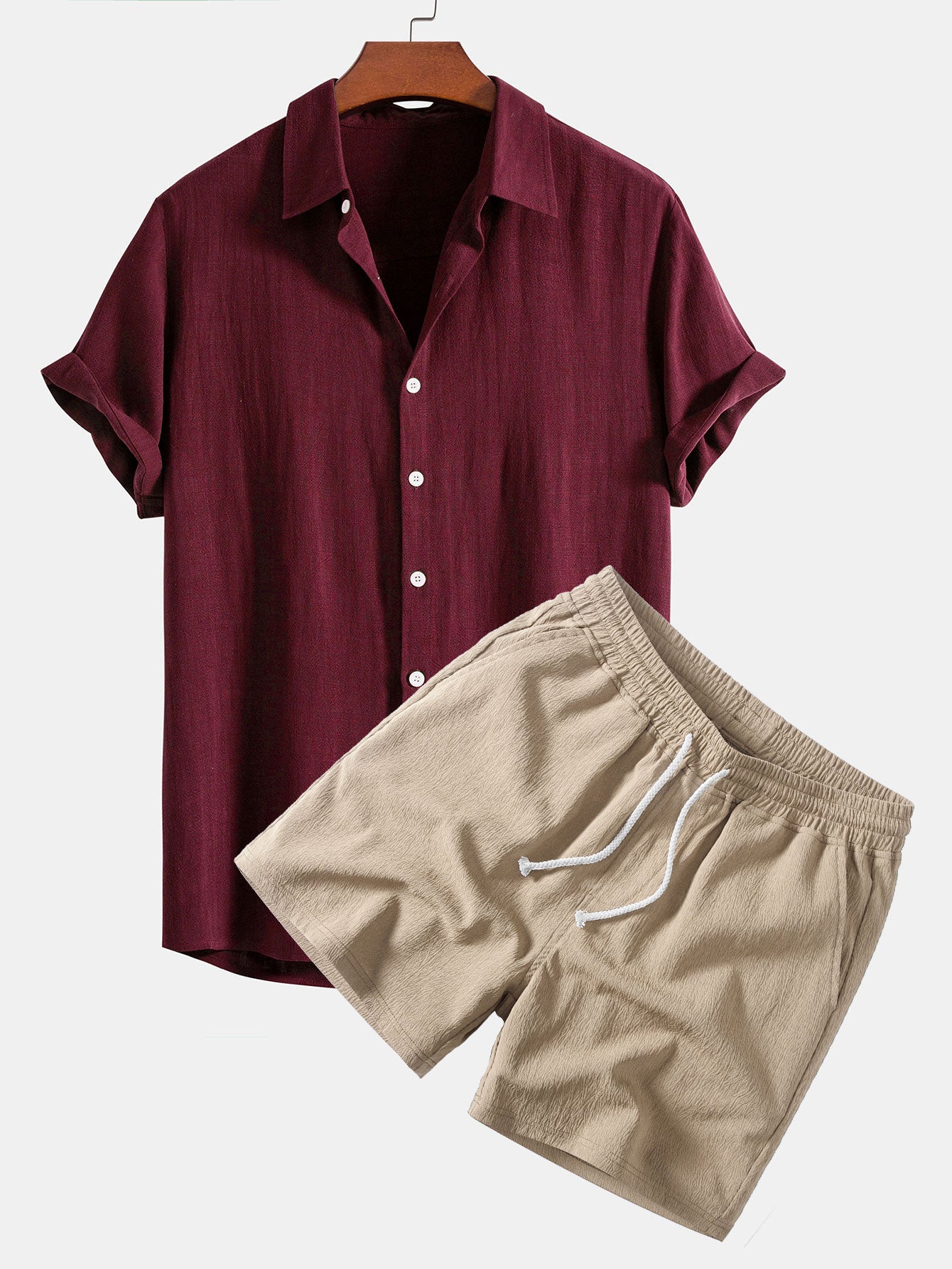 Men's Lightweight Linen Rayon Button-Up Shirt and Shorts Set
