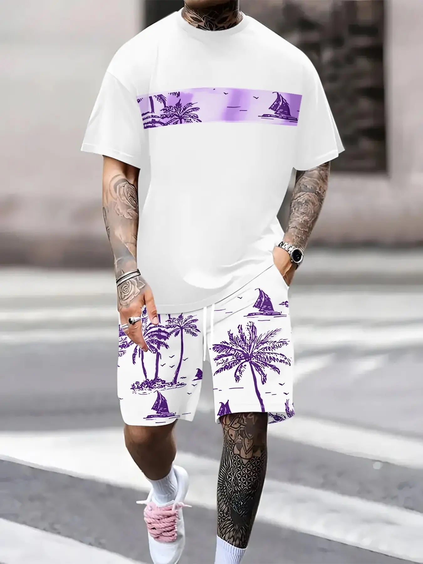 Men's Lightweight Tropical Print Shorts and Shirt Set