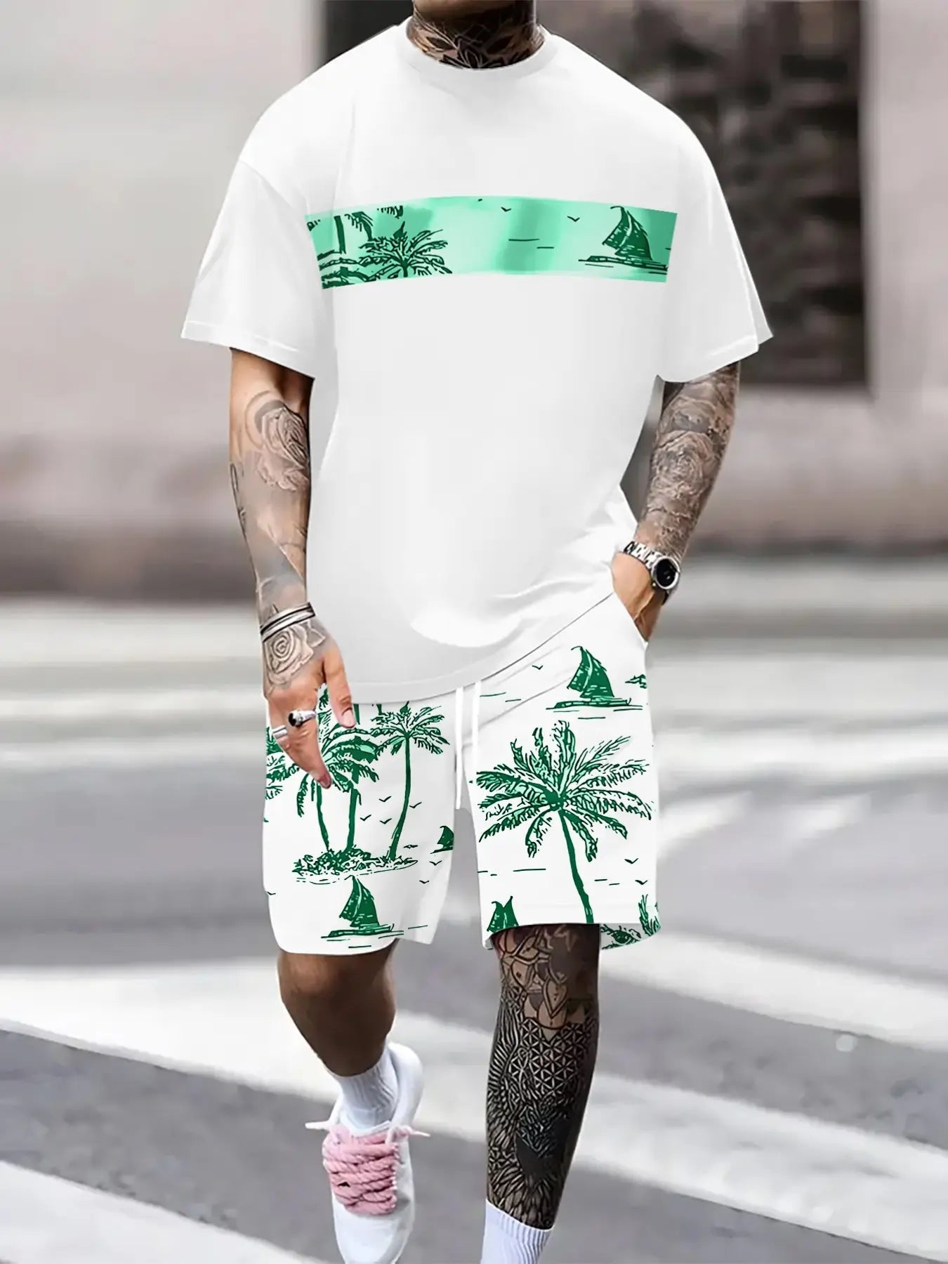 Men's Lightweight Tropical Print Shorts and Shirt Set