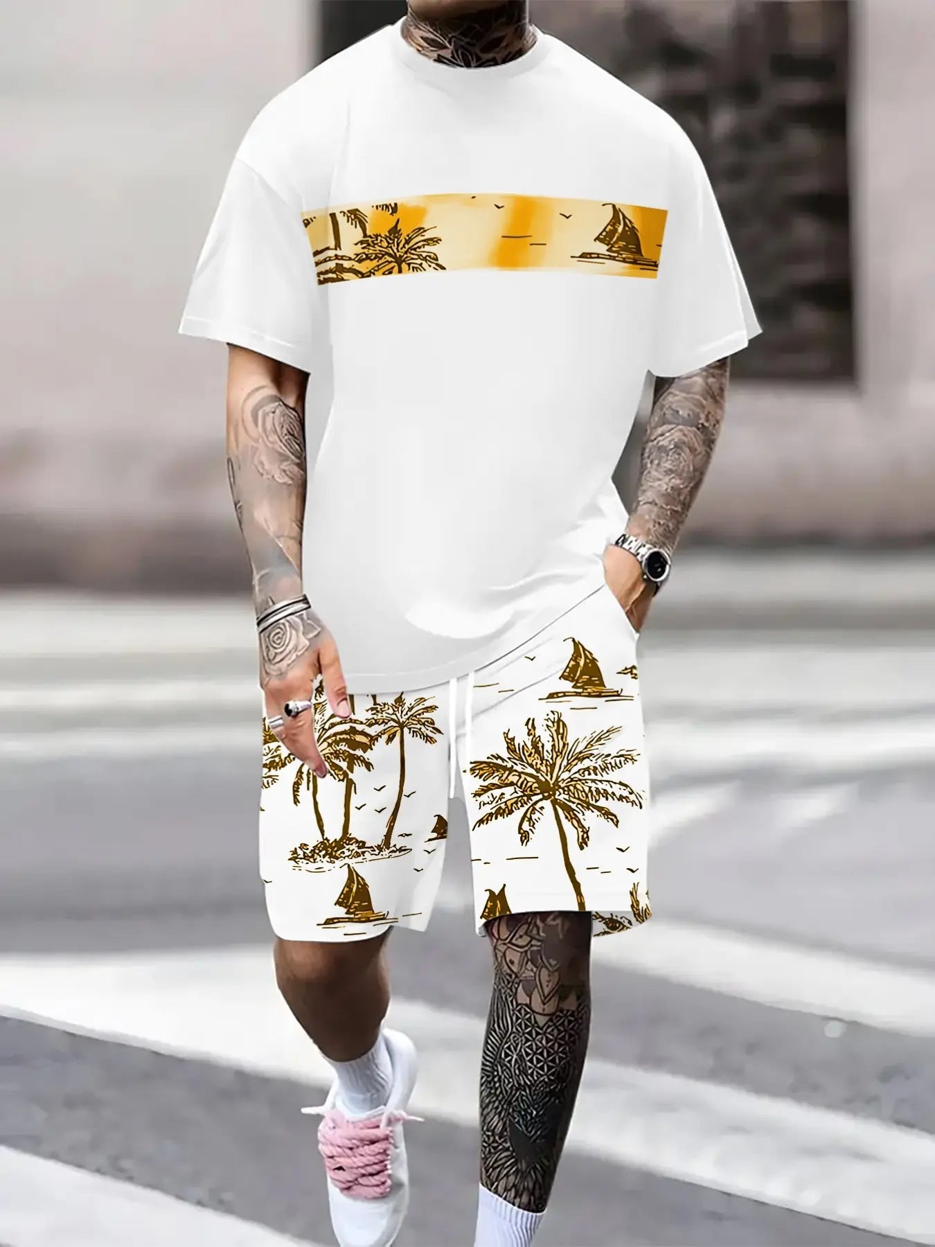 Men's Lightweight Tropical Print Shorts and Shirt Set