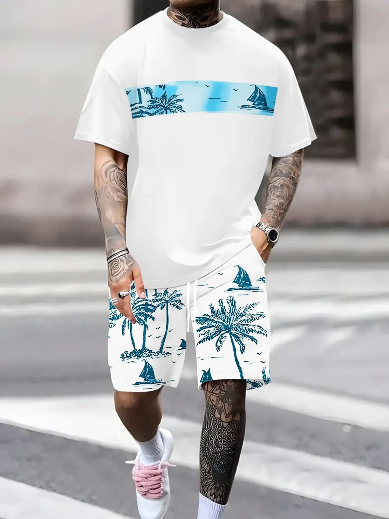 Men's Lightweight Tropical Print Shorts and Shirt Set