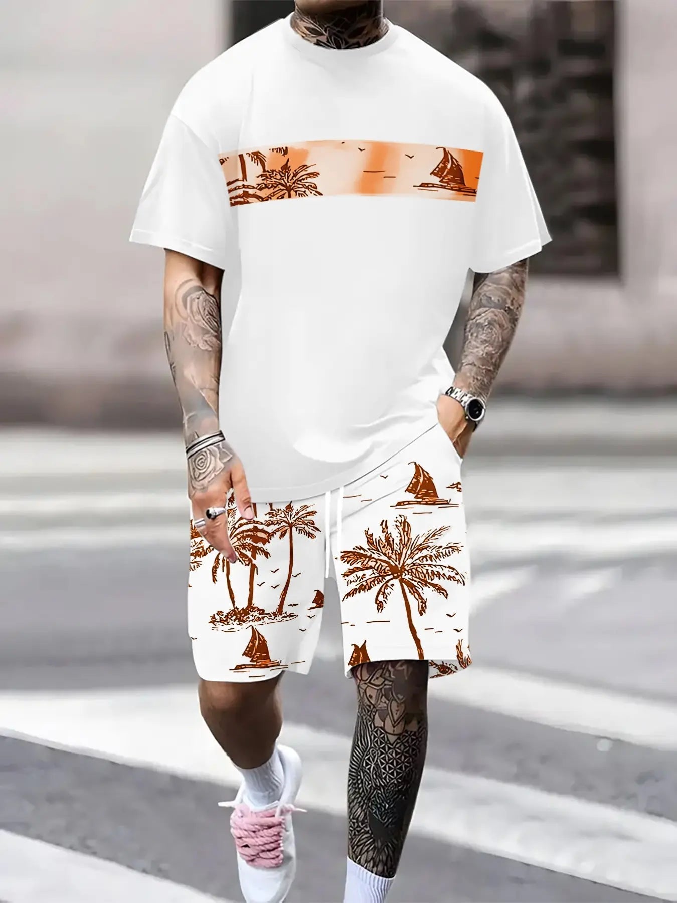 Men's Lightweight Tropical Print Shorts and Shirt Set