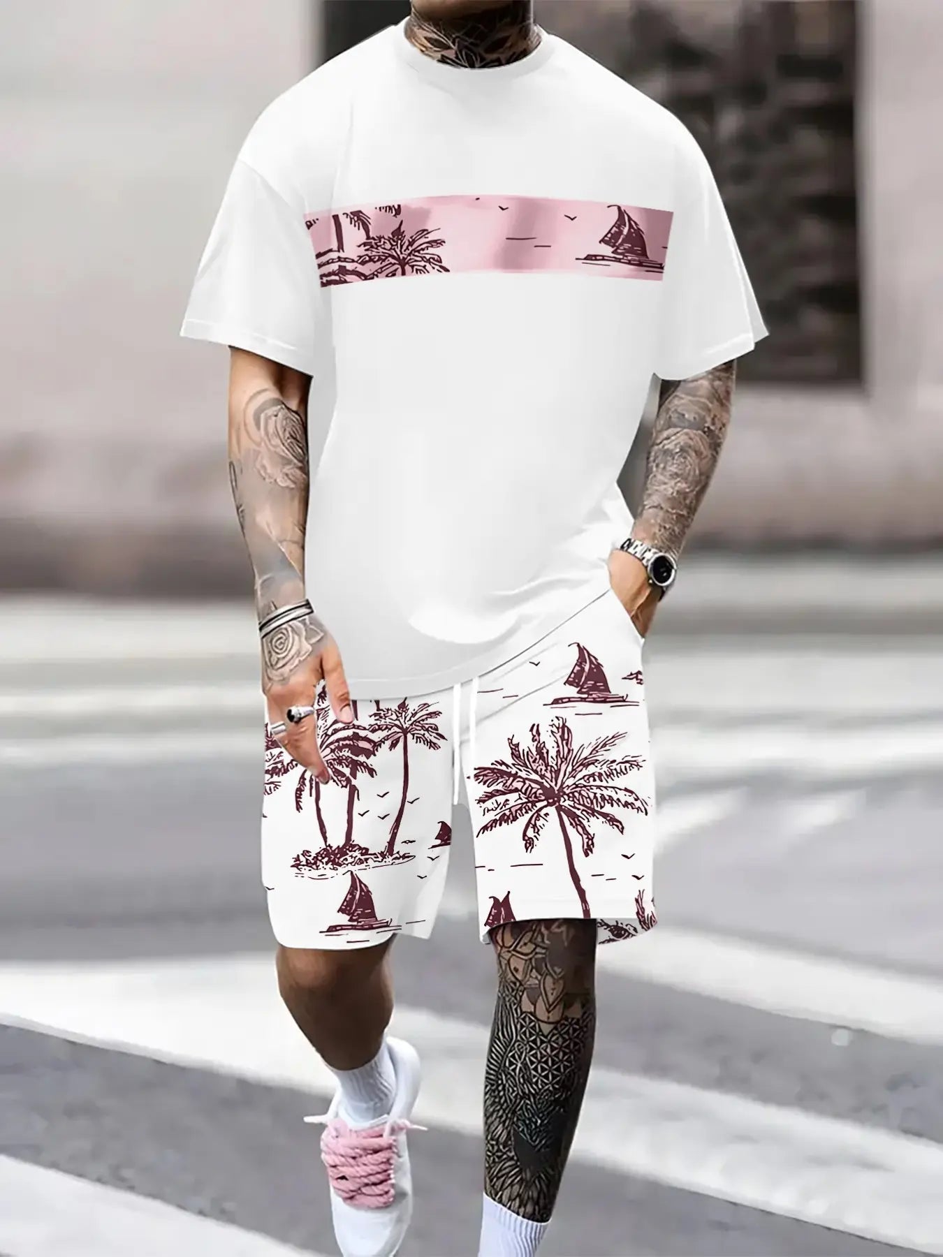 Men's Lightweight Tropical Print Shorts and Shirt Set