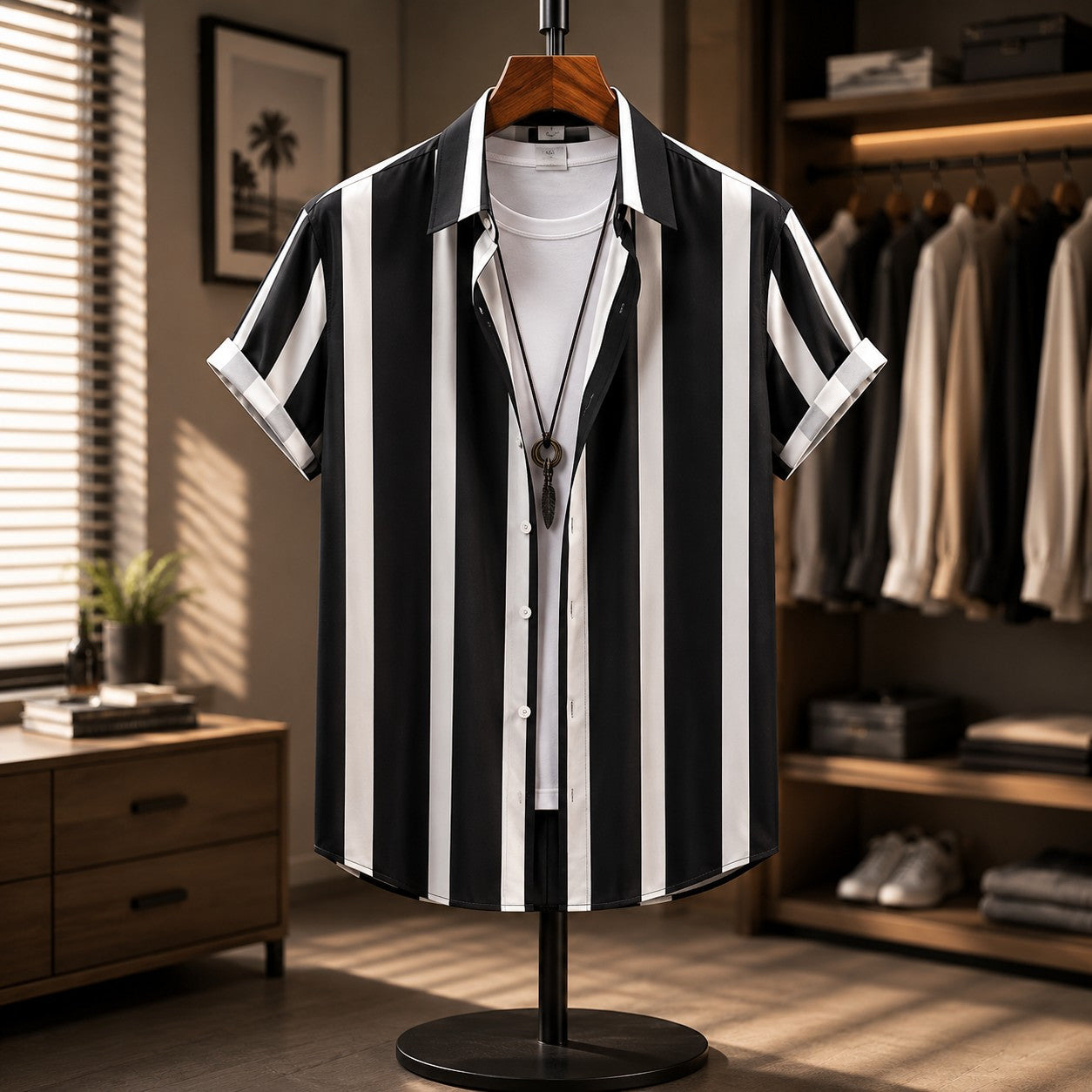 Men's Lightweight Vertical Stripe Short Sleeve Shirt