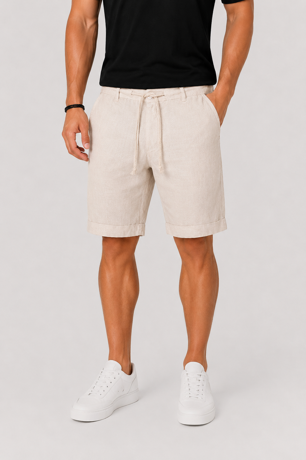 Men's Linen Drawstring Shorts with Rolled Hem