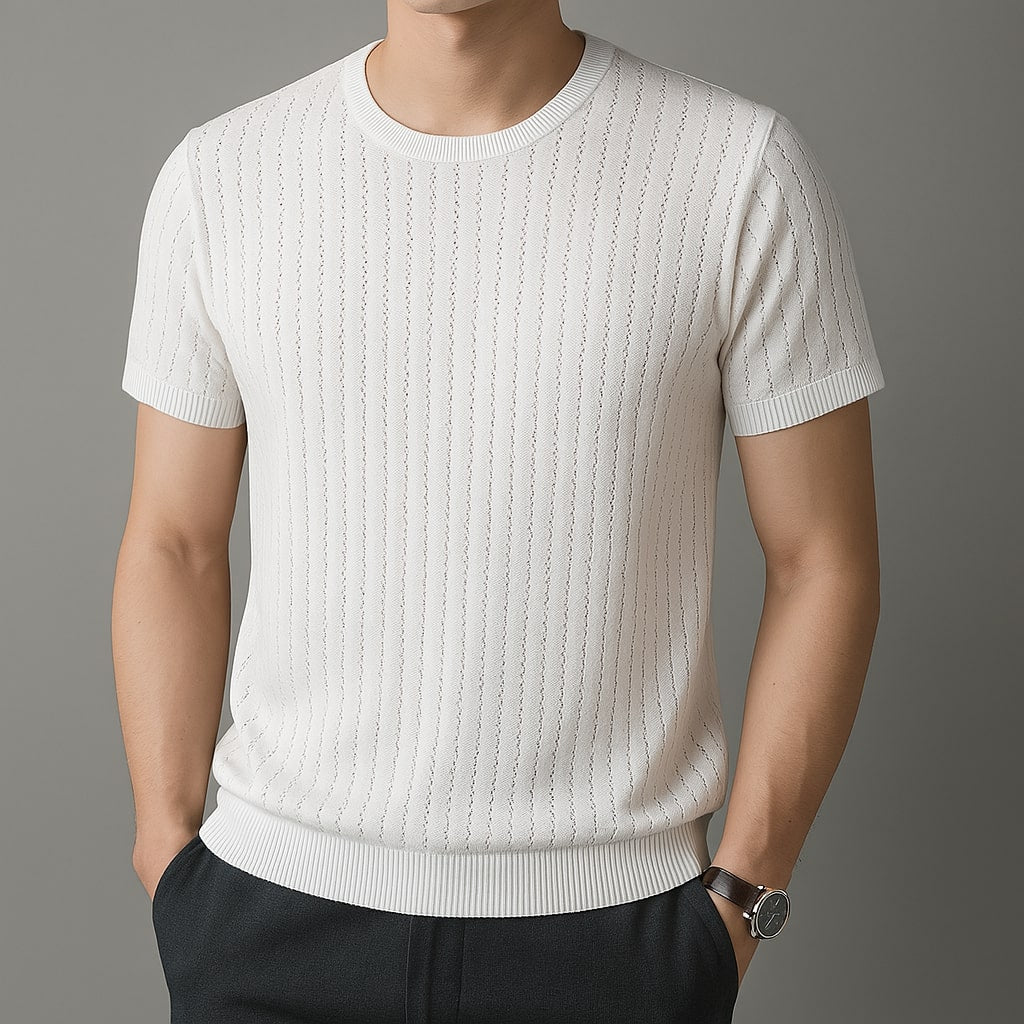 Men's Open-Knit Cotton Crew Neck T-Shirt