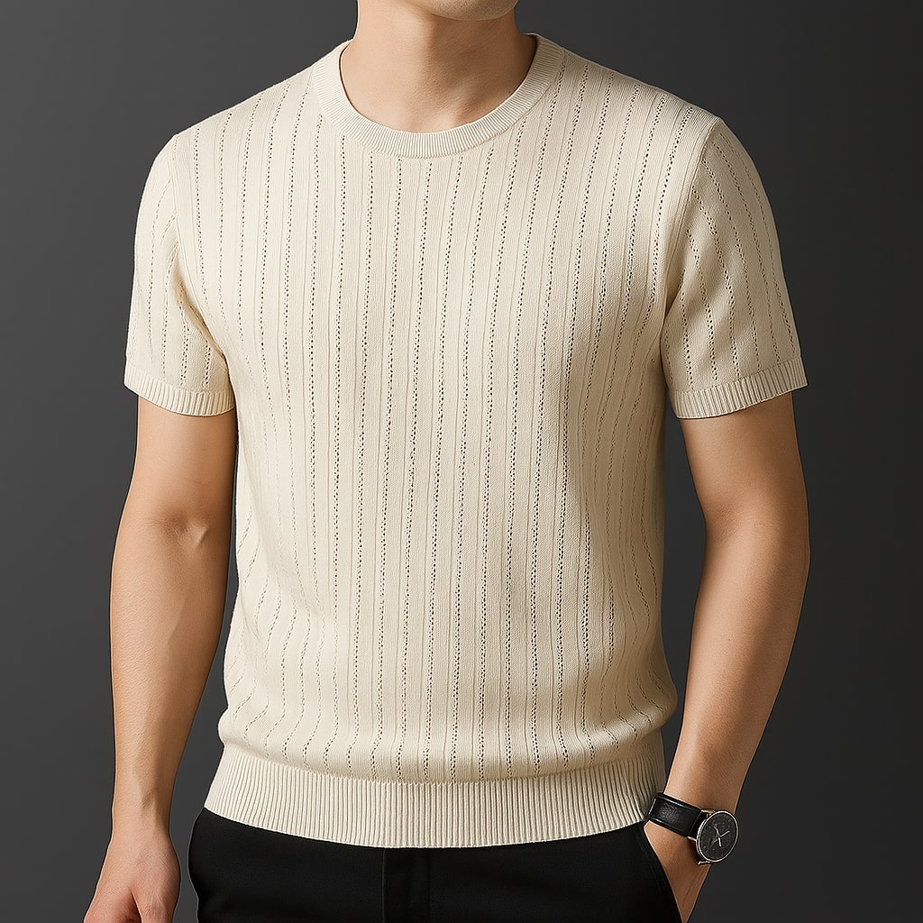 Men's Open-Knit Cotton Crew Neck T-Shirt