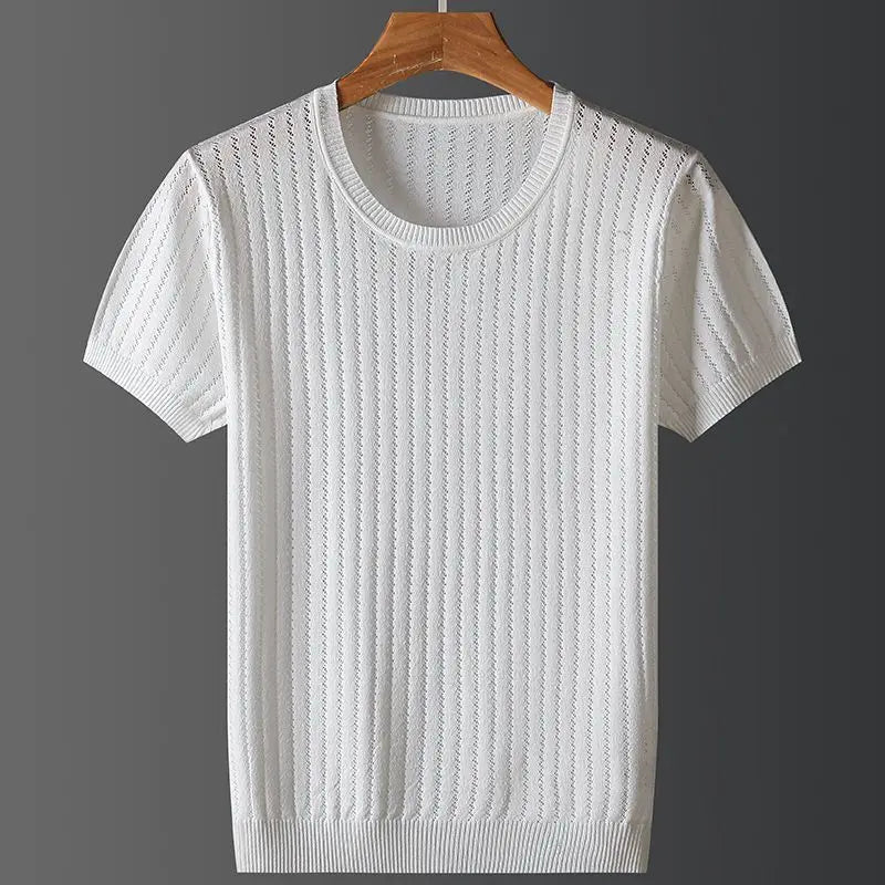 Men's Open-Knit Cotton Crew Neck T-Shirt