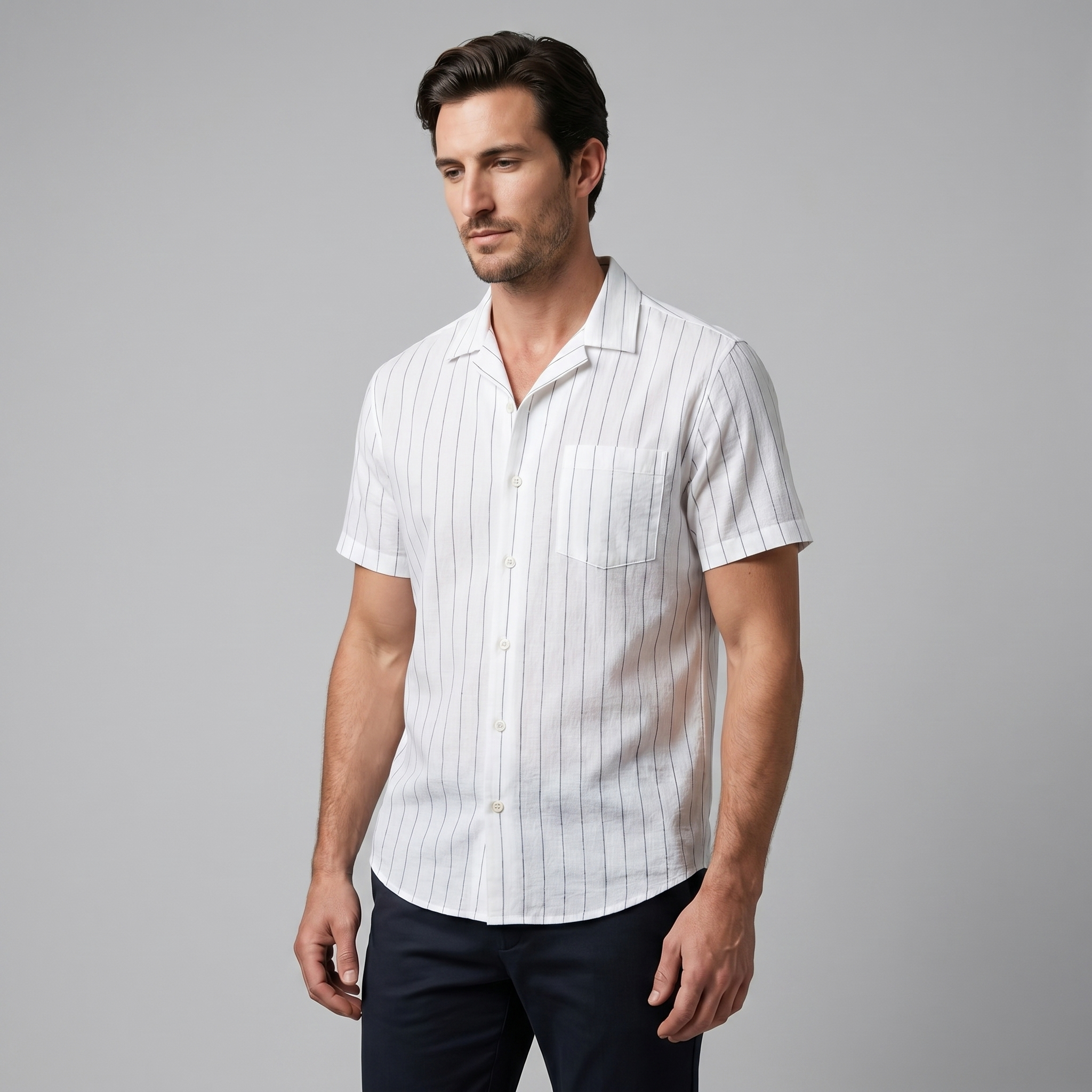 Men's Pinstripe Camp Shirt with Open Collar