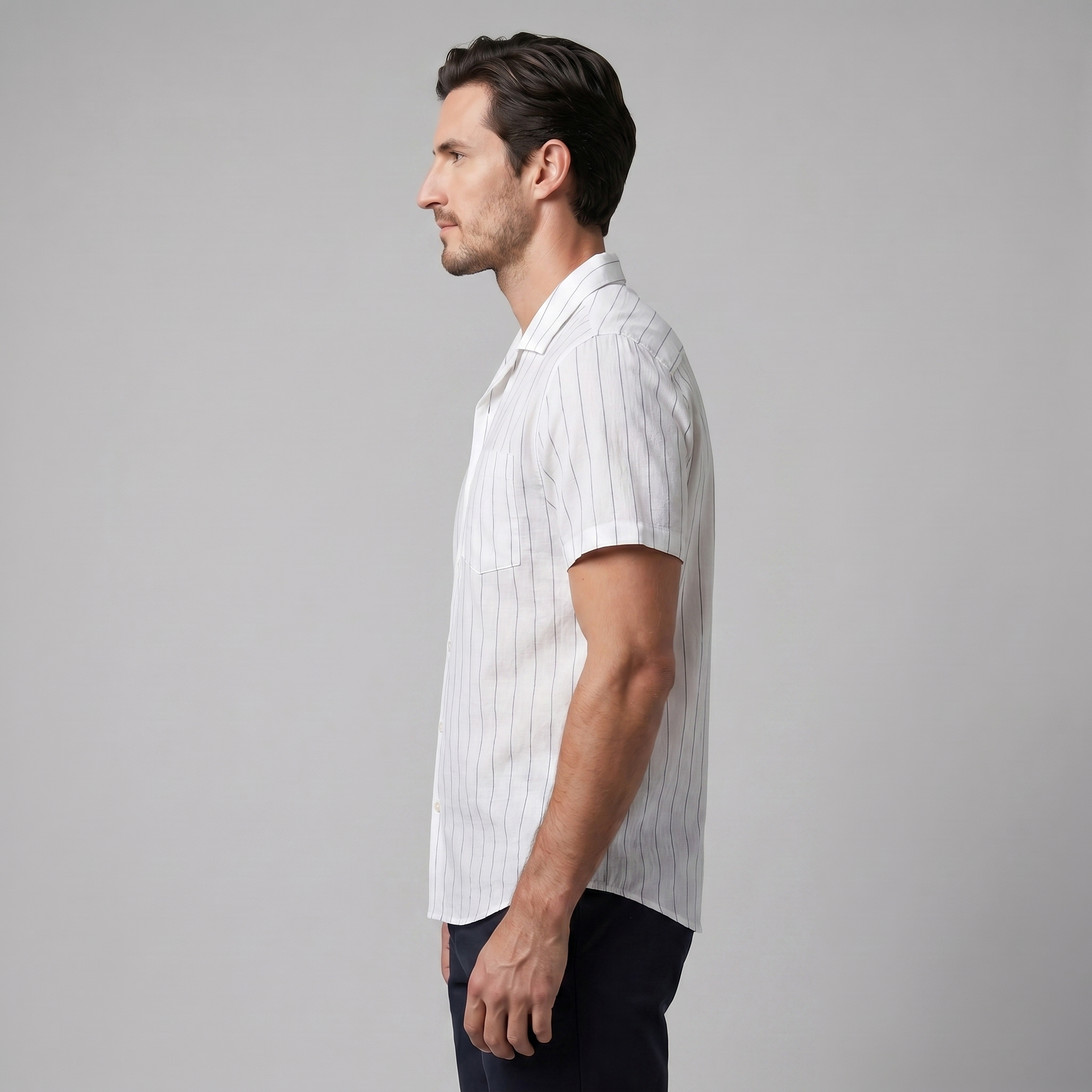 Men's Pinstripe Camp Shirt with Open Collar