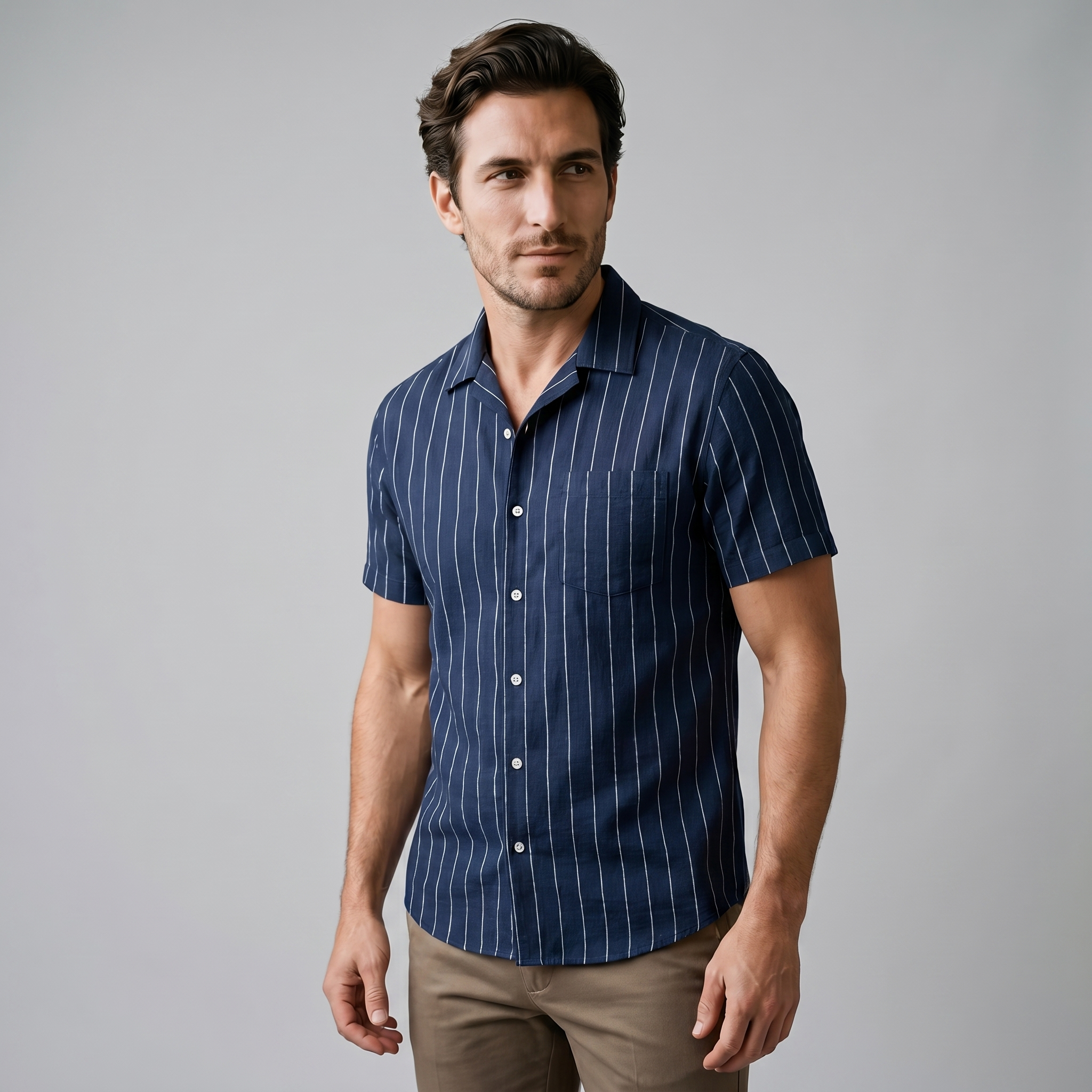 Men's Pinstripe Camp Shirt with Open Collar