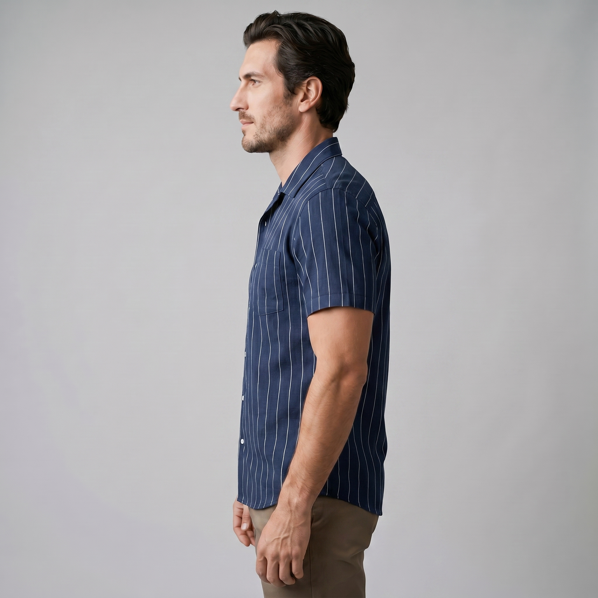 Men's Pinstripe Camp Shirt with Open Collar